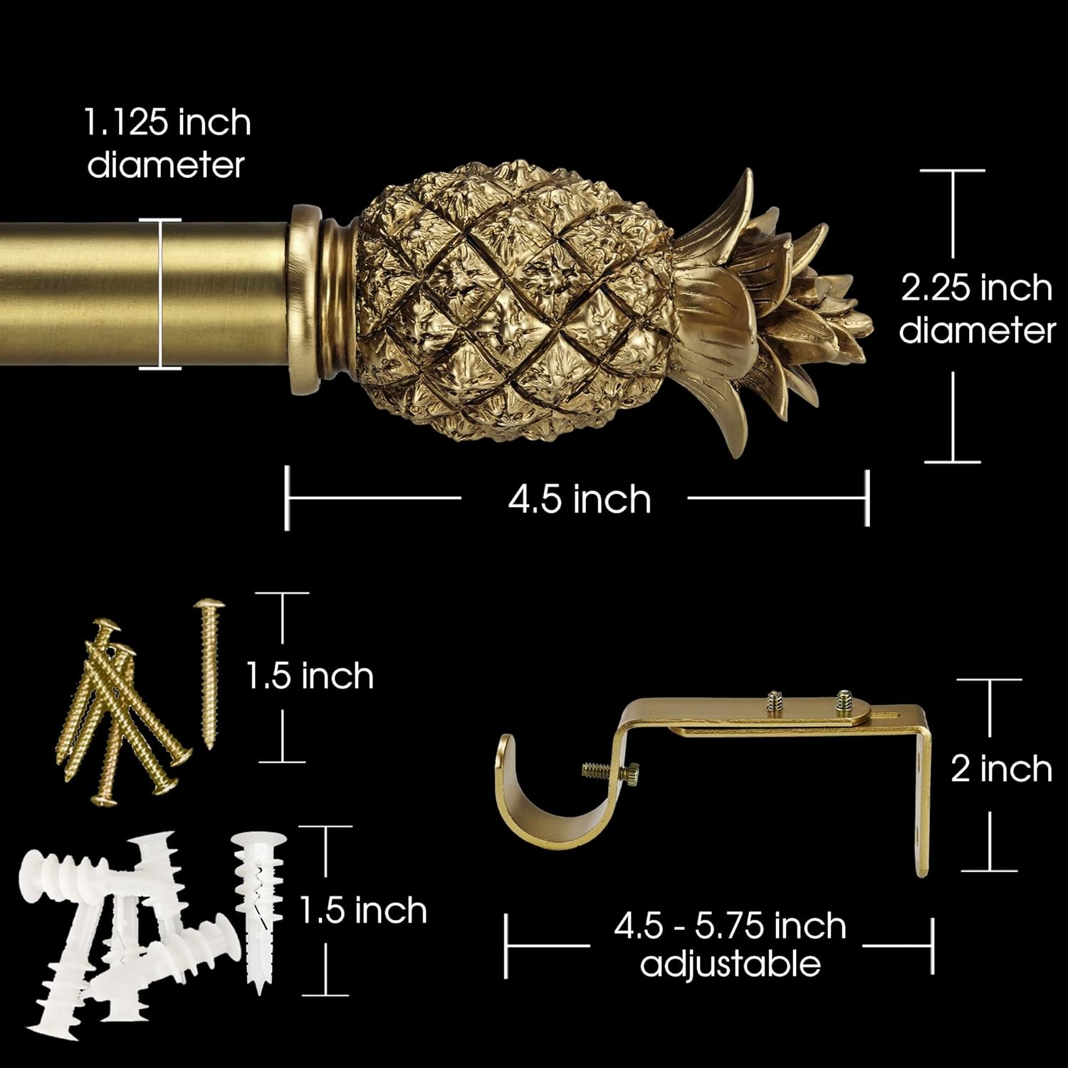 1-1/8 Inch Diameter Brushed Gold Curtain Rods with Pineapple Finial, 72-144'' Telescoping Single Curtain Rods for window width 68-140 inch, 1 pack