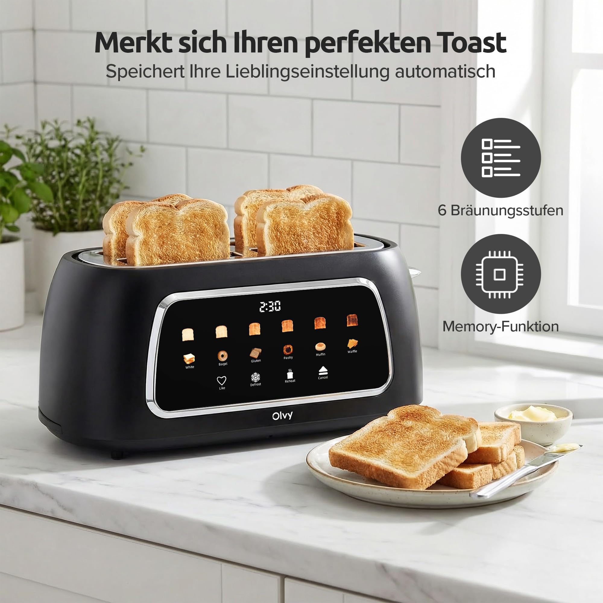 Olvy Premium Toaster mit LCD-Display & Timer – Extra Breite Schlitze (Auftauen/Aufwärmen) – 6 Programs – Black – 1500W