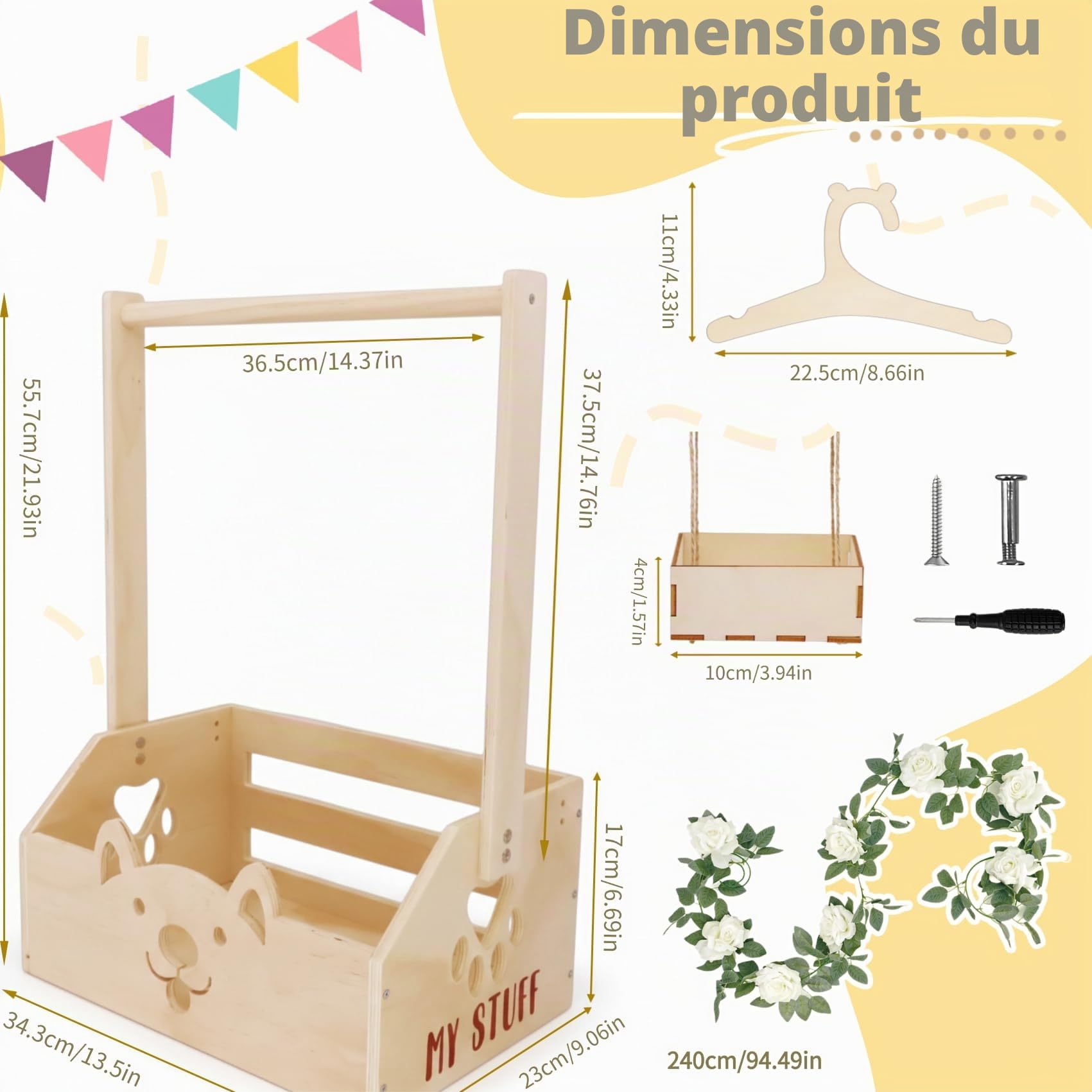 Panier cadeau en bois, baby shower en bois avec poignée, cintres pour enfants, guirlande et petit tiroir pour nouveau-né baby shower nouveaux parents (boîte en bois de roses blanches)