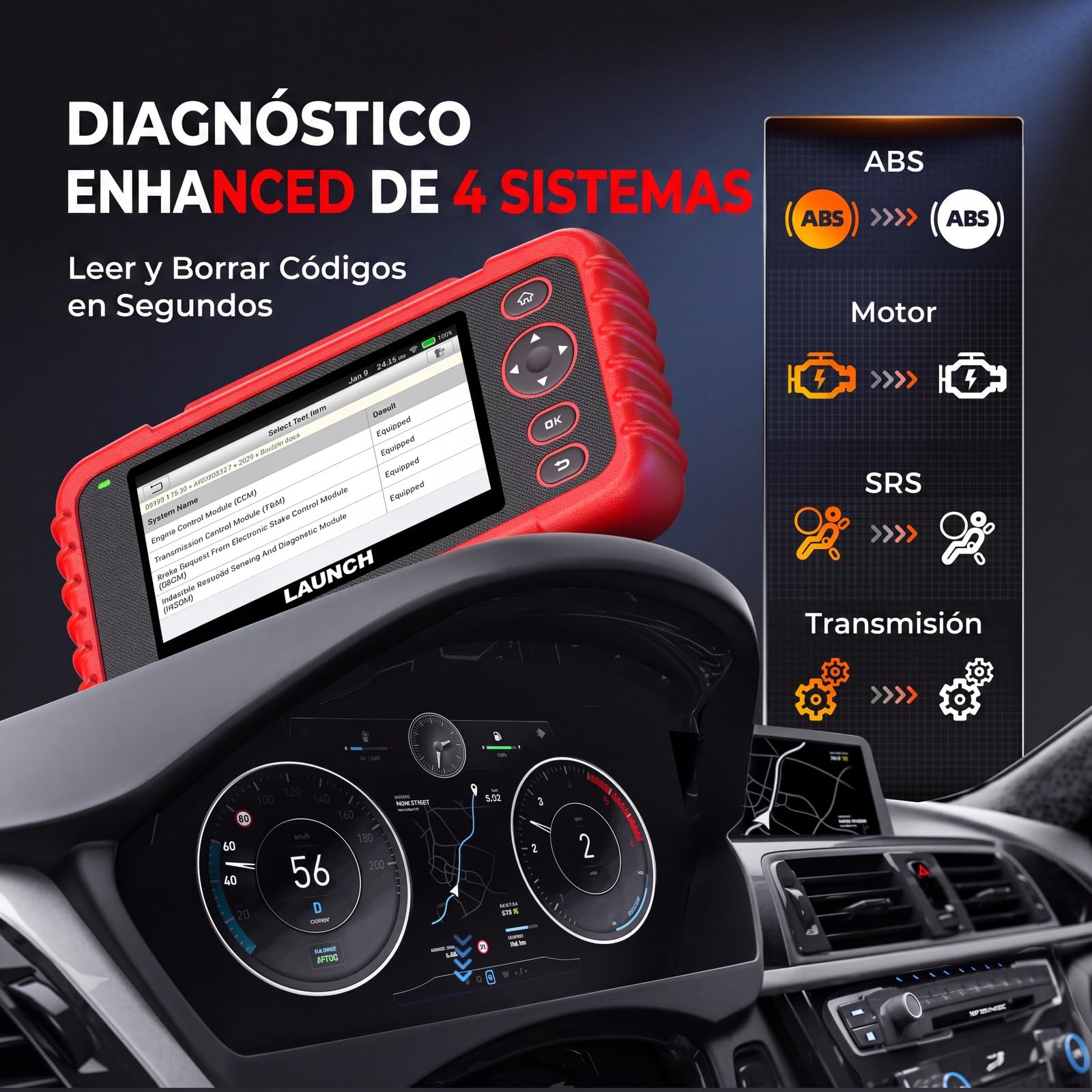 LAUNCH CRP123X V3.0 64G - Dispositivo de diagnóstico profesional OBD2 para todos los coches y marcas - Diagnóstico de 4 sistemas con reinicio: servicio de aceite EPB DPF, prueba de batería SAS/BMS