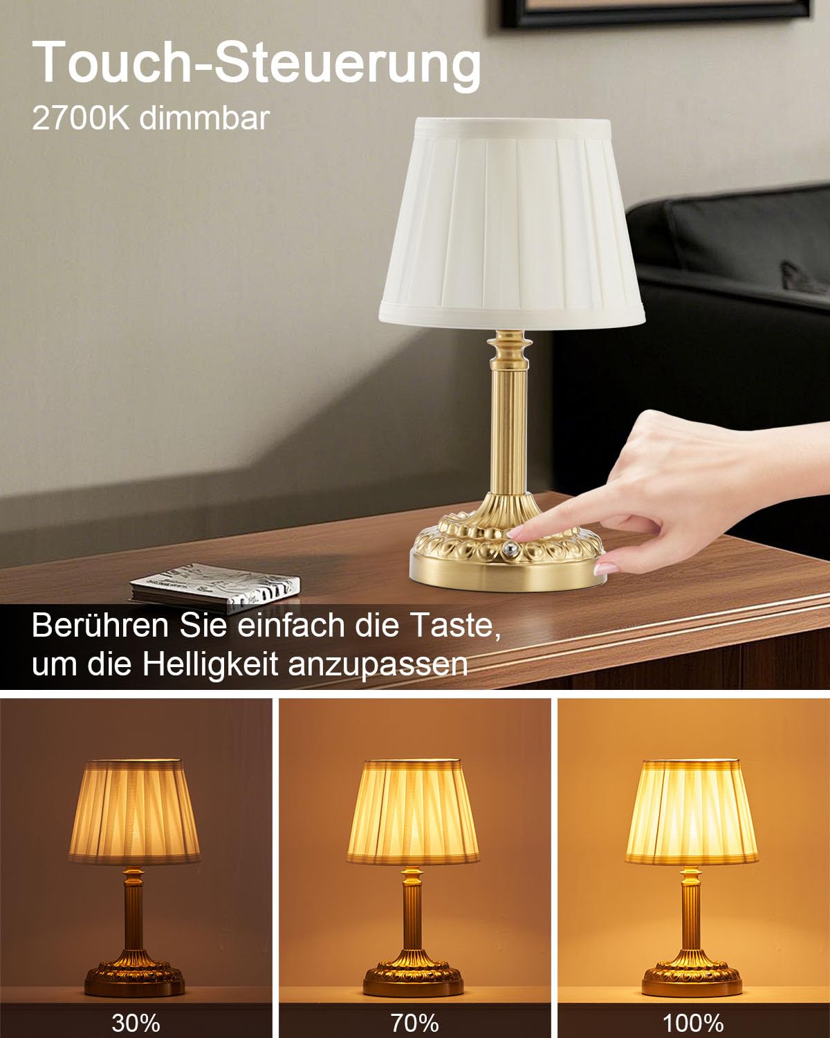 2 Stück Kleine Aufladbare Kabellose Tischlampen für Restaurant | 5200 mAh Akku Lampe, Tragbare Dimmbare Tischleuchte, Touch Nachtlicht für Schlafzimmer Küche Badezimmer Terrasse Outdoor