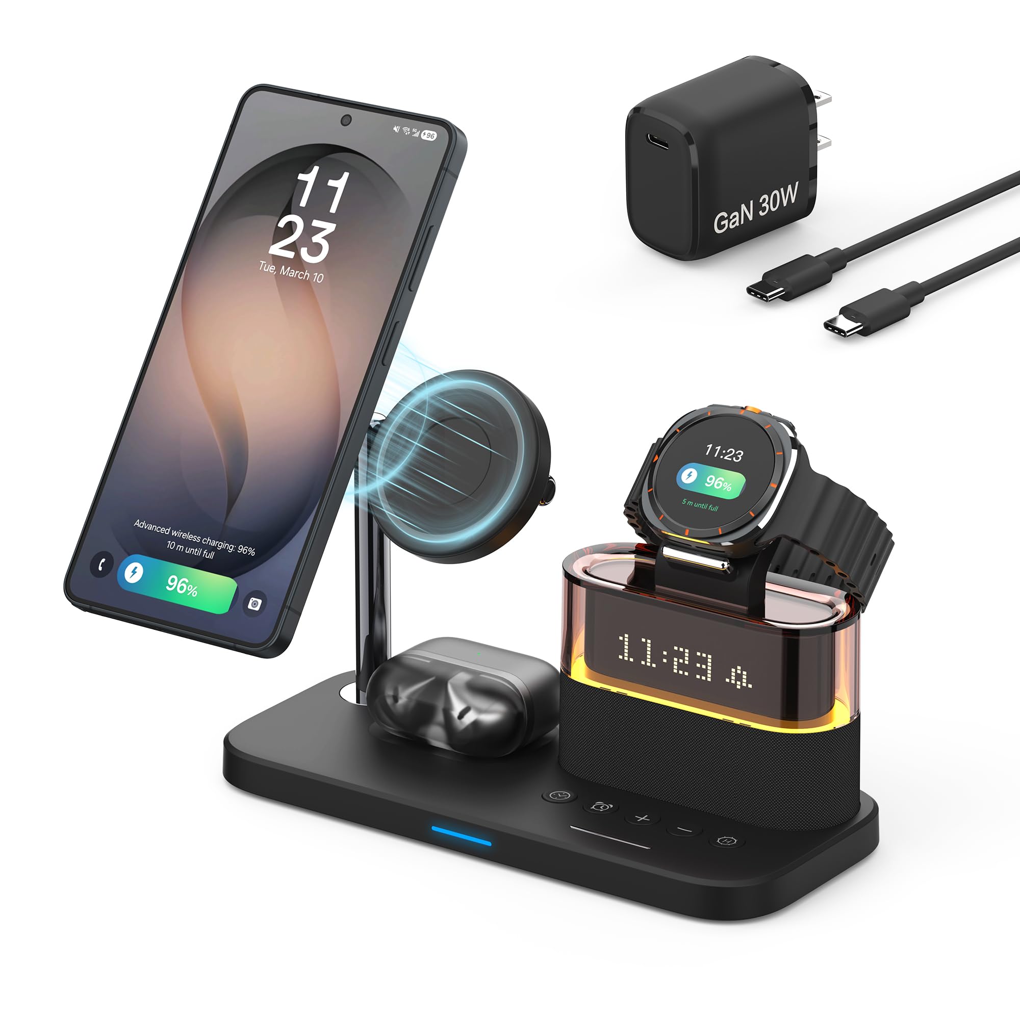 3 in 1 stazione di ricarica wireless per Samsung Galaxy S25/S24/S23/S22 m. anello magnetico, caricatore rapido per Samsung con sveglia e luce notturna, supporto di ricarica senza fili incluso