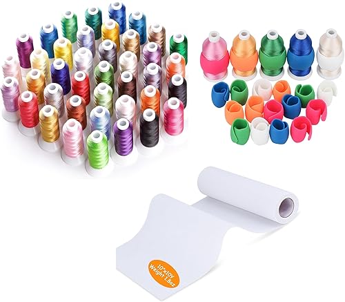 Simthread Hilo de bordado de poliéster de 40 colores, kit de actualización de 1,640.4 ft | con 20 soportes de hilo y estabilizador de bordado de 10