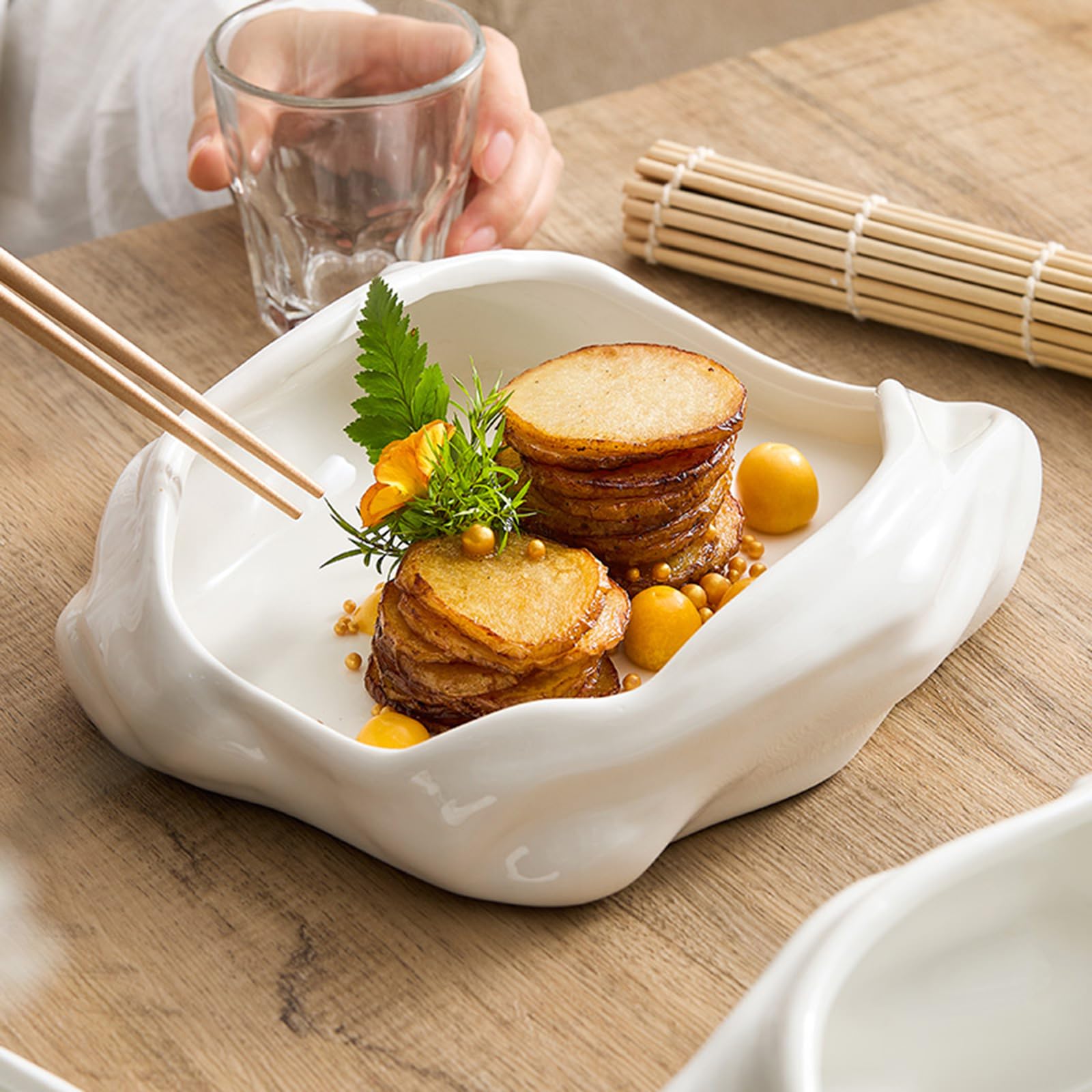 Plato De Ensalada De Cerámica con Forma, Plato De Borde Alto, Vajilla De Forma Moderna, Plato para Servir Mariscos, Aperitivos, Postres, Resistente A Los Arañazos(Size:23 * 20 * 6.5CM)