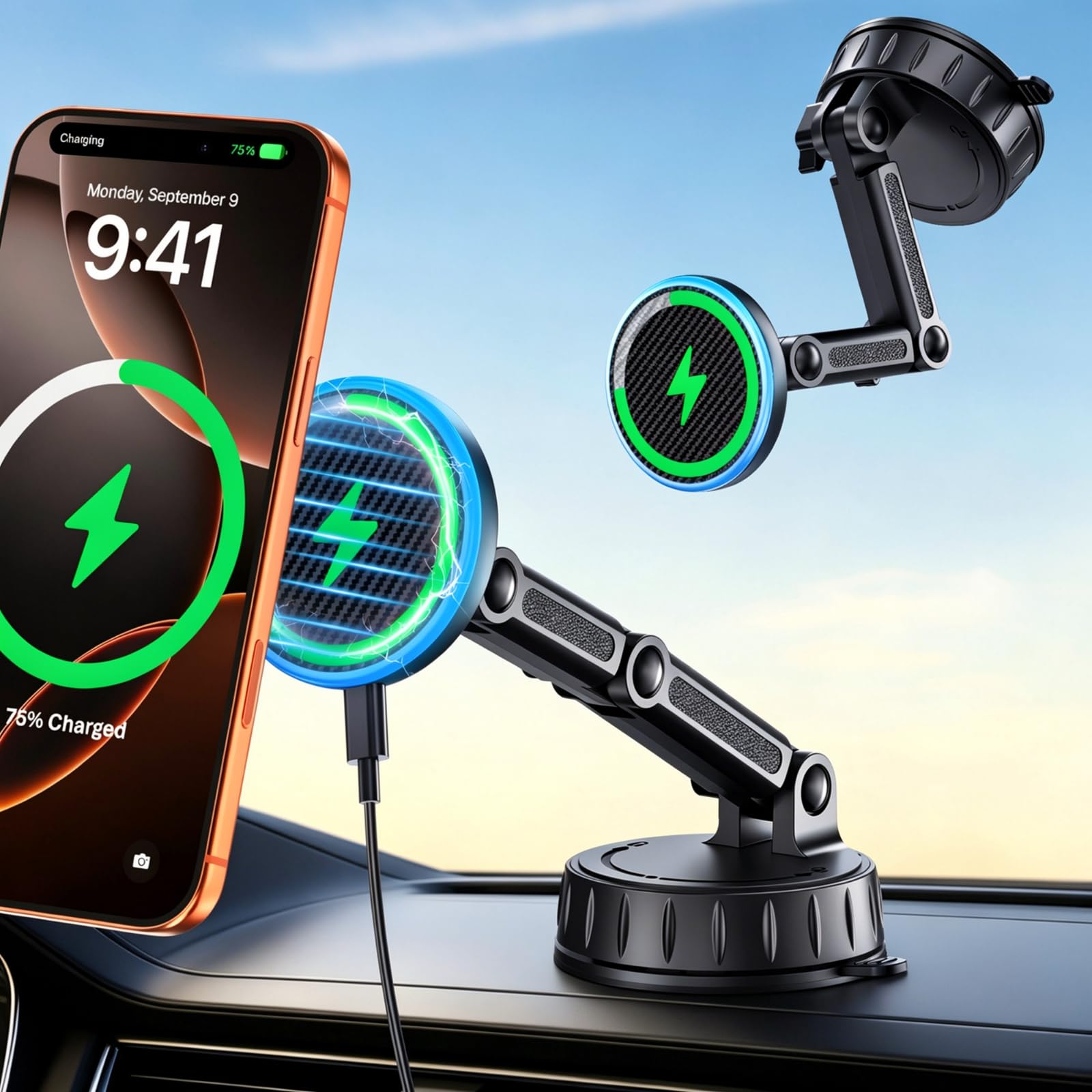 SNGOAM Supporto magnetico per auto MagSafe, supporto magnetico per telefono per il cruscotto o il parabrezza, caricatore magnetico regolabile wireless per auto, ricarica rapida, supporto per telefono