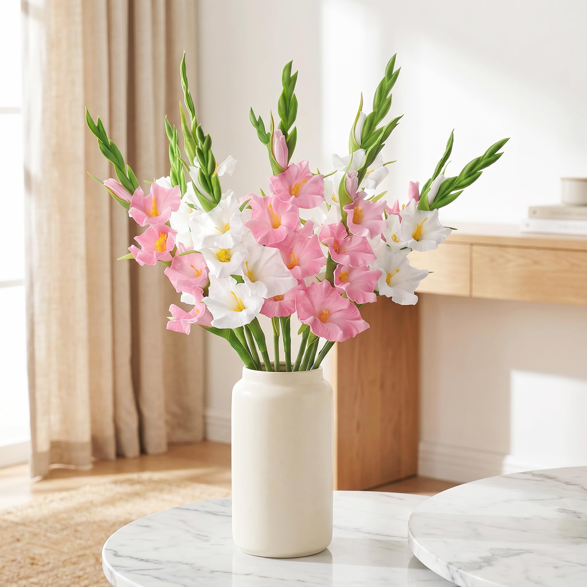 Künstliche Gladiolen, weiße und rosa, künstliche Gladiolen, Seide, Gladiolen, Blumen mit Stielen, künstliche Gladiolen, Blumen für Hochzeit, Garten, Zuhause, Party, Tisch, Blumenarrangement