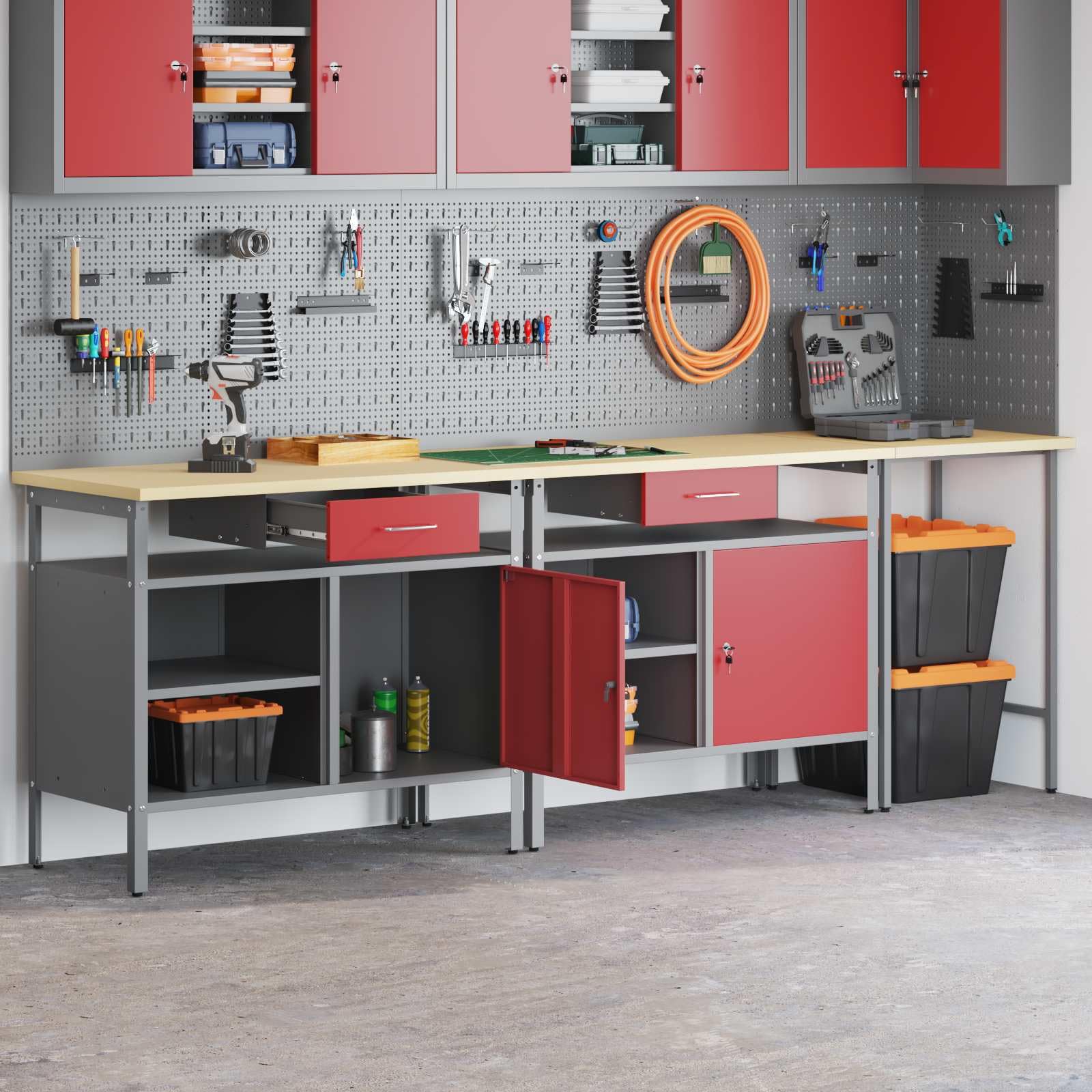 vidaXL Conjunto de Banco de Trabajo con cajón 3 pcs Negro y Gris, Organización de Taller, Banco de Trabajo Rectangular, estantería Resistente, Superficie Ajustable, soluciones de Almacenamiento