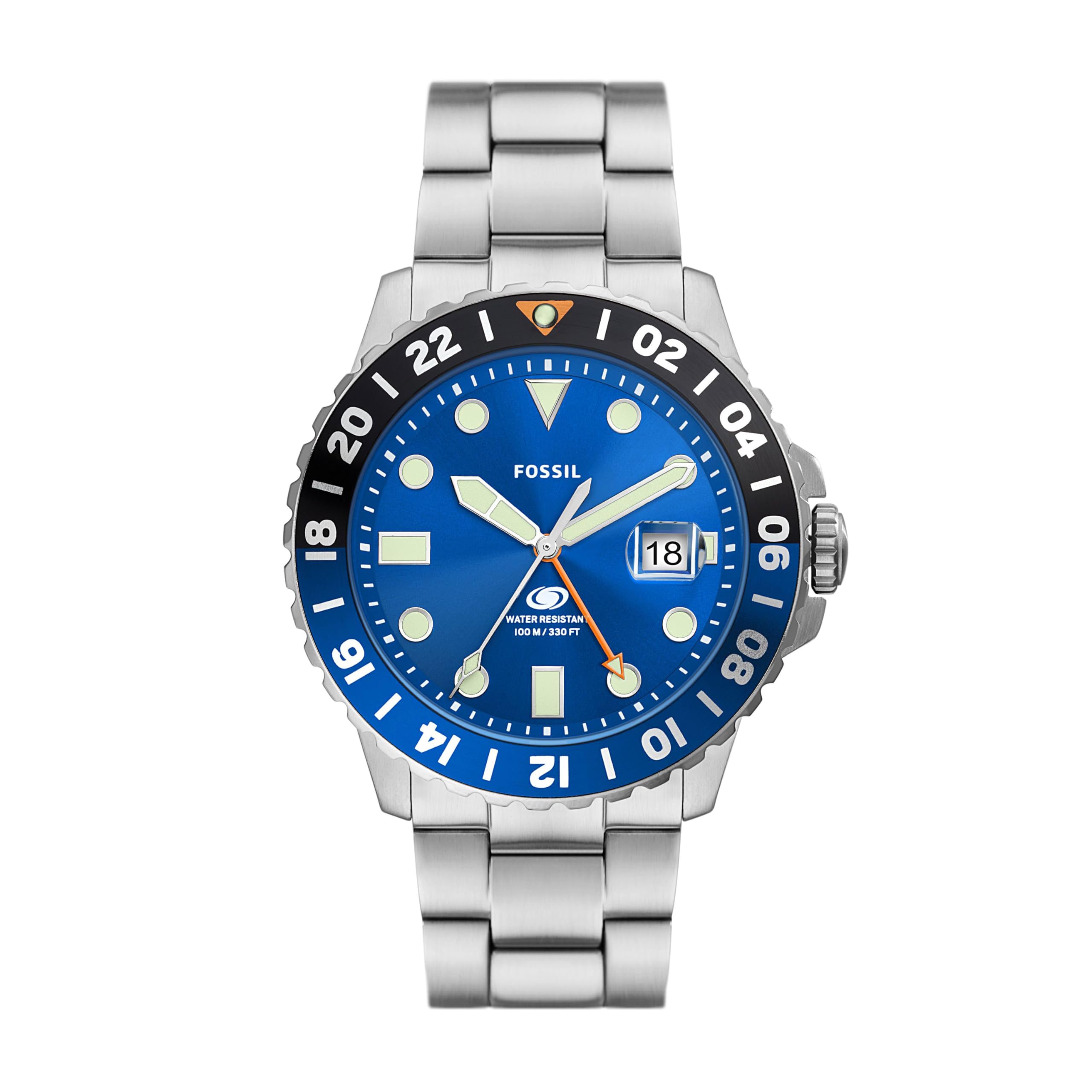 FOSSILFossil Blue GMT Watch for Men, Three Hand Date Movement with Stainless Steel or Silicon Strap