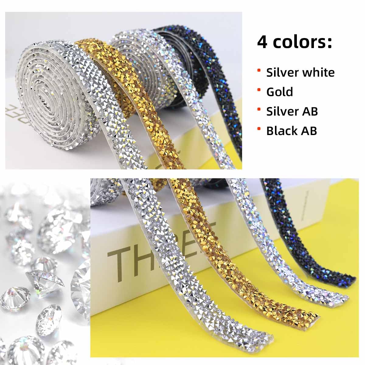 4 Rolls Crystal Rhinestone Bling Ribbon - Self Adhesive Diamond Tape For Crafts