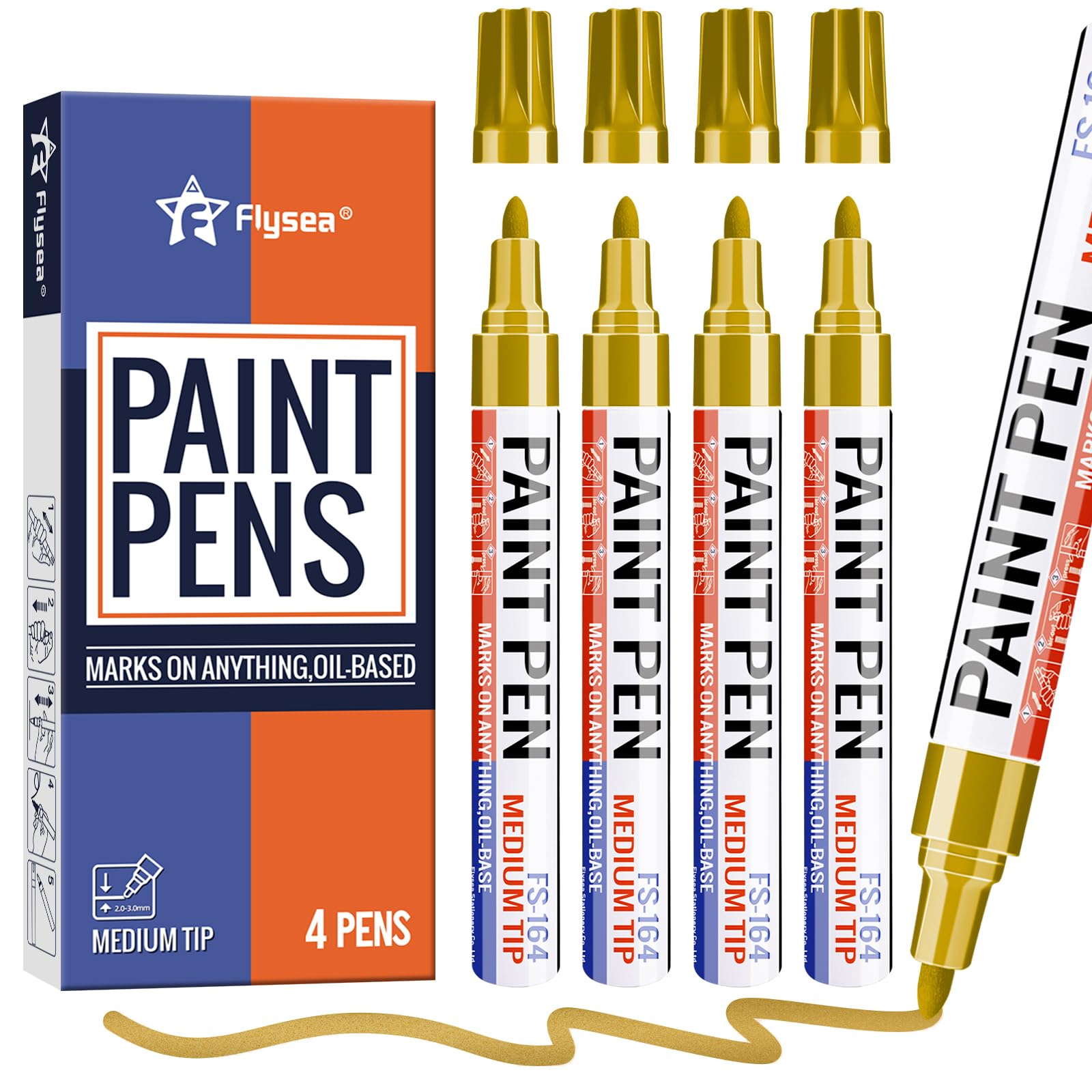 Alitastro Gold Paint Pens Permanent Marker Pen 4 Pcs Waterproof Oil Based Paint Markers 3mm Medium Round Tip Quick-drying Paint Marker Pens for Rock Painting, Black Paper, Metal, Tyre, Glass, Wood