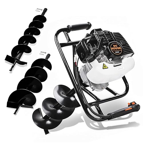 DC HOUSE Excavadora de agujeros de poste alimentada por gas de 52 cc y 24 HP con dos brocas de taladro de tierra de 6 pulgadas y 10 pulgadas cumple