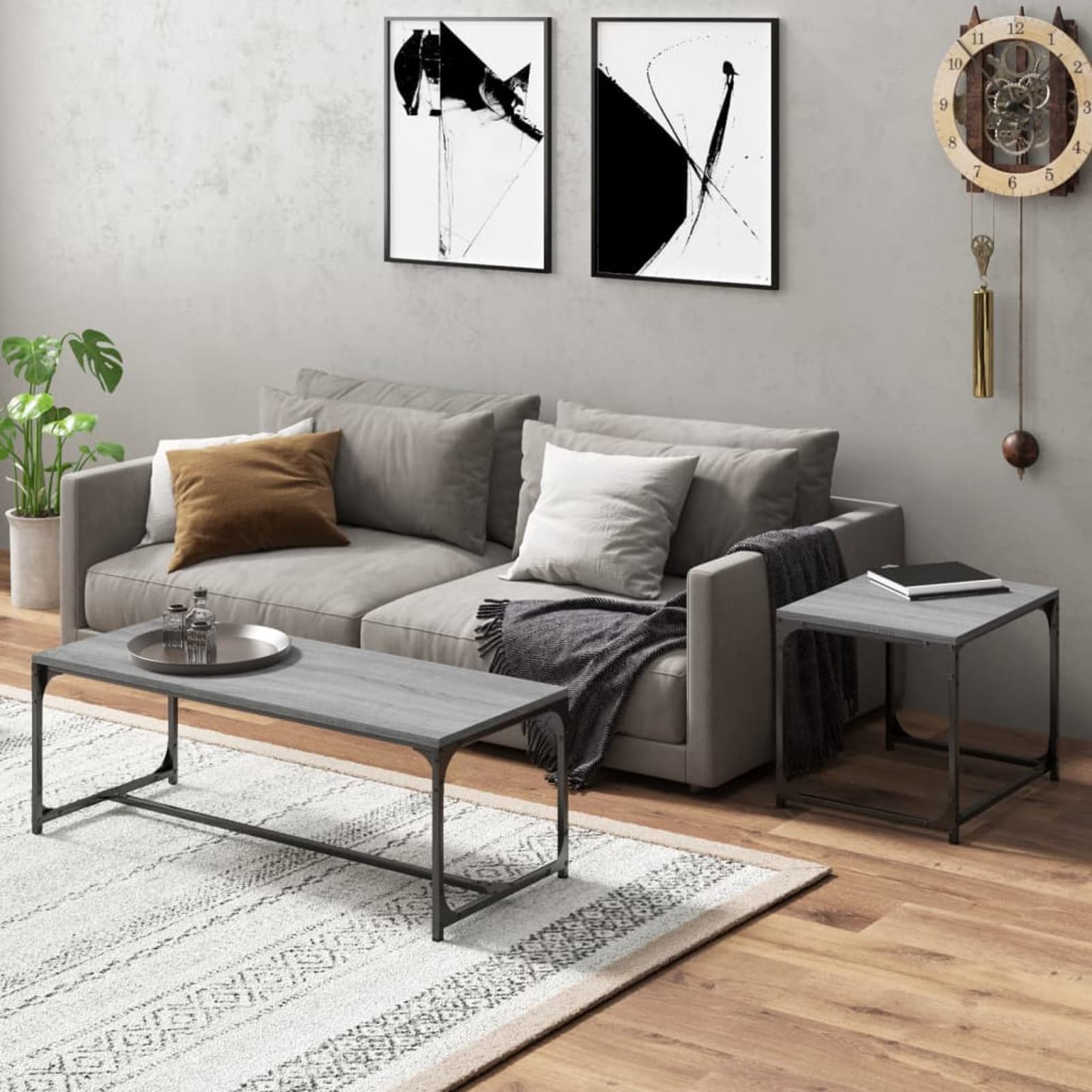 2 szt. Szary wielowarstwowy drewniany sonoma, stolik do salonu, z półkami, niski, prostokątny, nowoczesny design, stolik kawowy, herbata, salon, wystrój domu