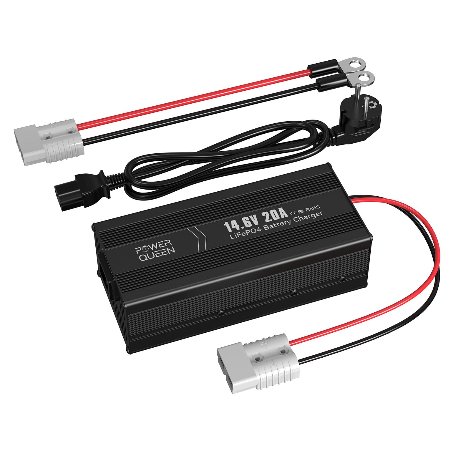 POWER QUEEN Cargador LiFePO4 14.6V 20A para Baterías de Litio | Carga Automática de 20A para LiFePO4 de 12V,con Conector Anderson de 50A e Indicador LED para Ver el Estado de Carga