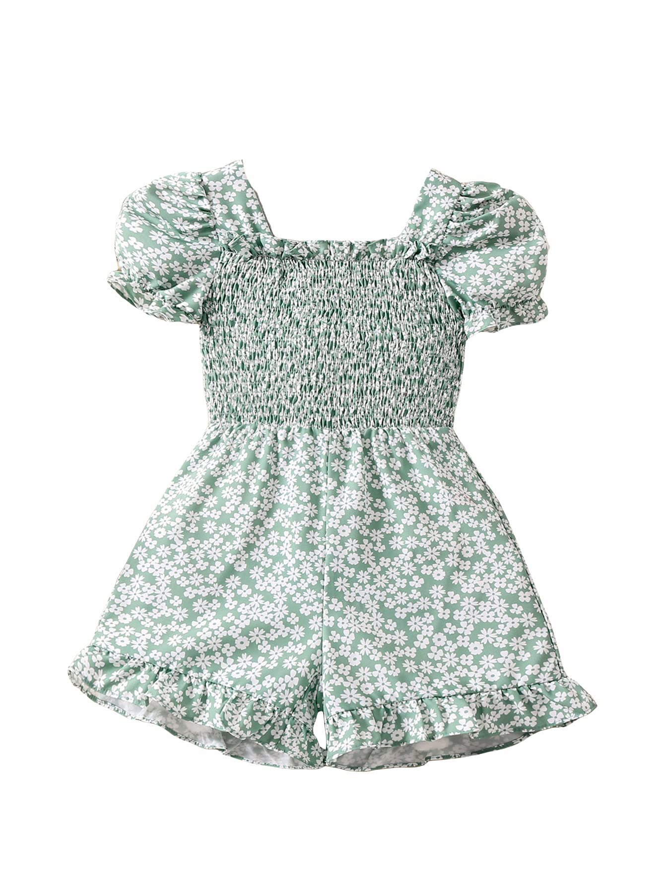Verdusa Girl's Floral Print Puff Sleeve Shirred Ruffle Hem Romper Short Jumpsuit