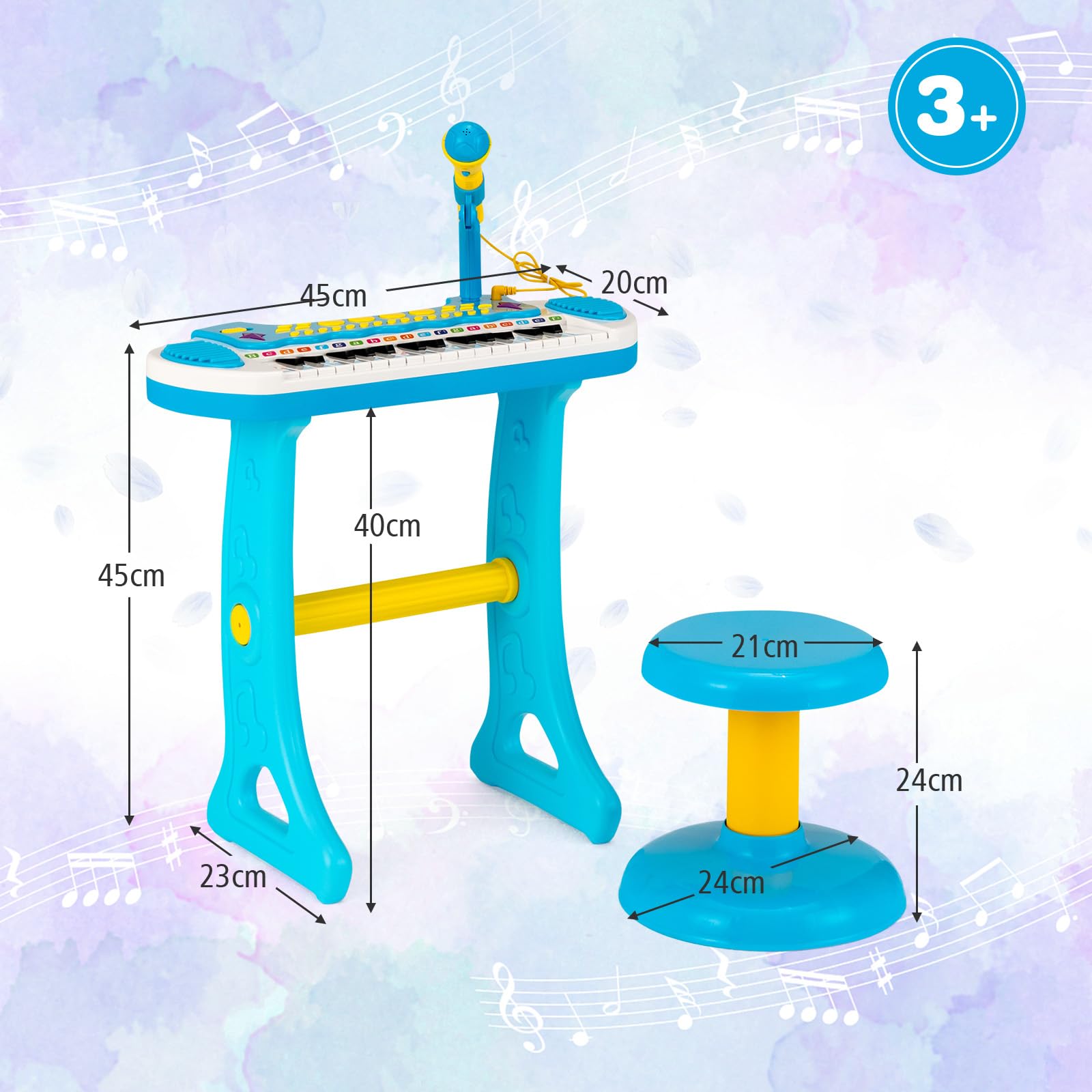 RELAX4LIFE Piano Infantil con 31 Teclas y Taburete, Piano Niños Portátil con Micrófono Ajustable, Funciones de Grabación y Reproducción, Efectos Luminosos para Niños 3+ Años, Juguetes Niños (Azul)