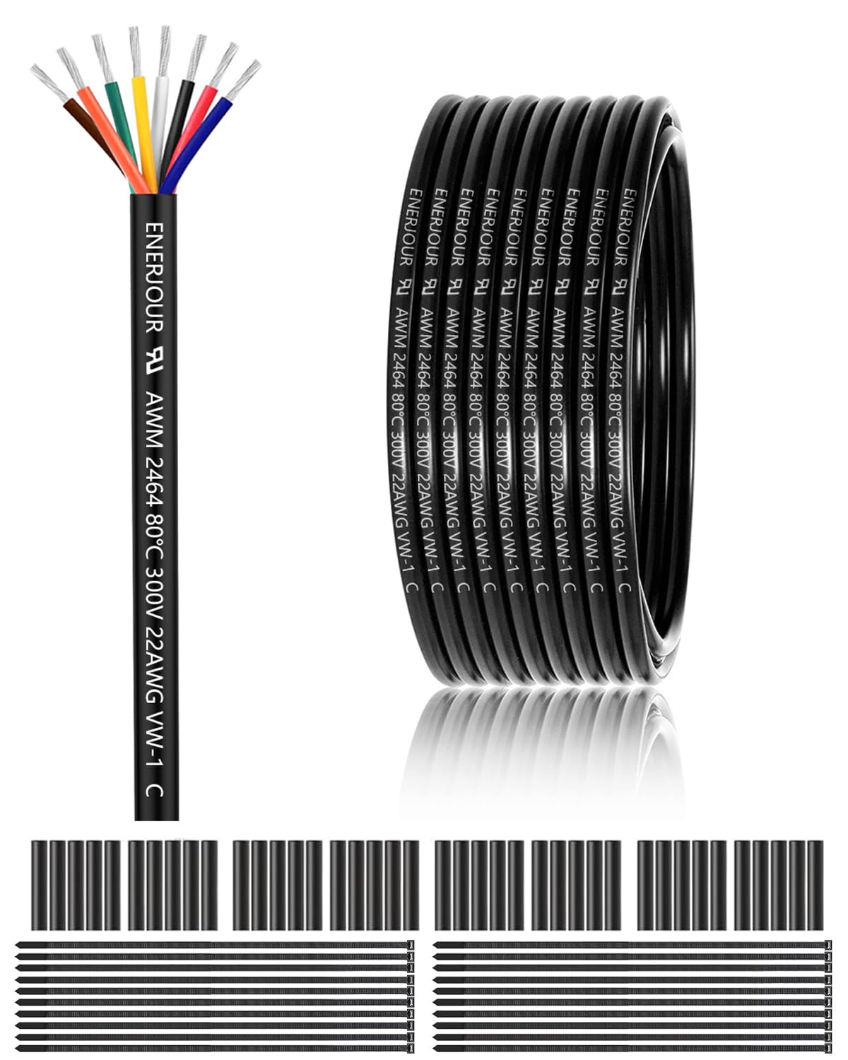 22 Gauge 8 Conductor Electrical Wire 100FT, UL 2464 22 AWG 8 Wire Cable Tinned Copper Stranded 22/8 for LED Lighting, Outdoor Low Voltage Extension