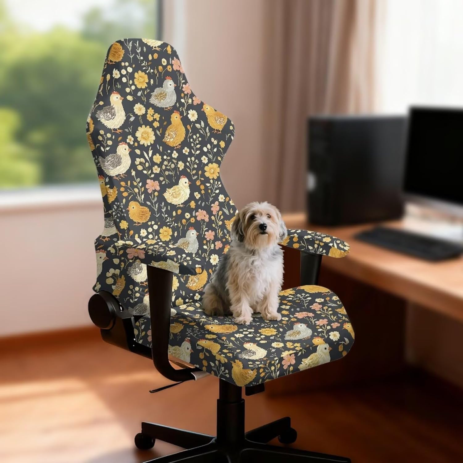 Chicken Flower Gaming Chair Covers 4 Pieces Stretch Ergonomic Office Chair Covers Reusable Slipcovers for Computer Vanity Chairs Gamer Room Decor image 2