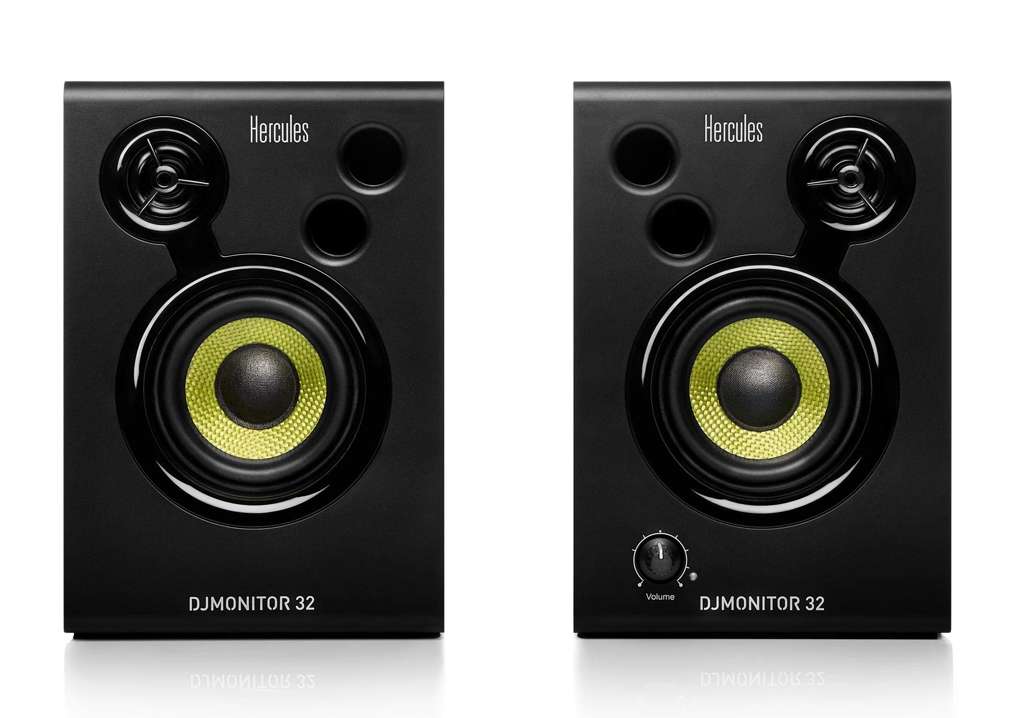 Hercules DJMonitor 32 Tischstativ Set (kompaktes Aktiv-Lautsprecher Paar mit 15W pro Satellit, 3"-Tieftöner & dualem Bass-Schacht im praktischen Set inkl. 2 Tischstativen für Studiomonitore) Schwarz