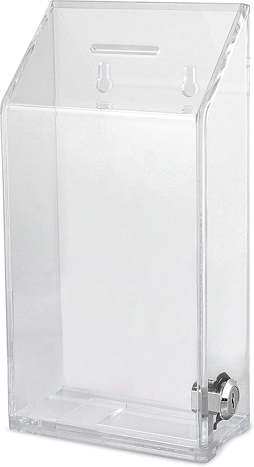 Rectangular Acrylic Donation Suggestion collection Box Wall mounted Or Retail Countertop Tip Box with slant top 9.75 x 5 inches, Lock With set of keys (Clear)