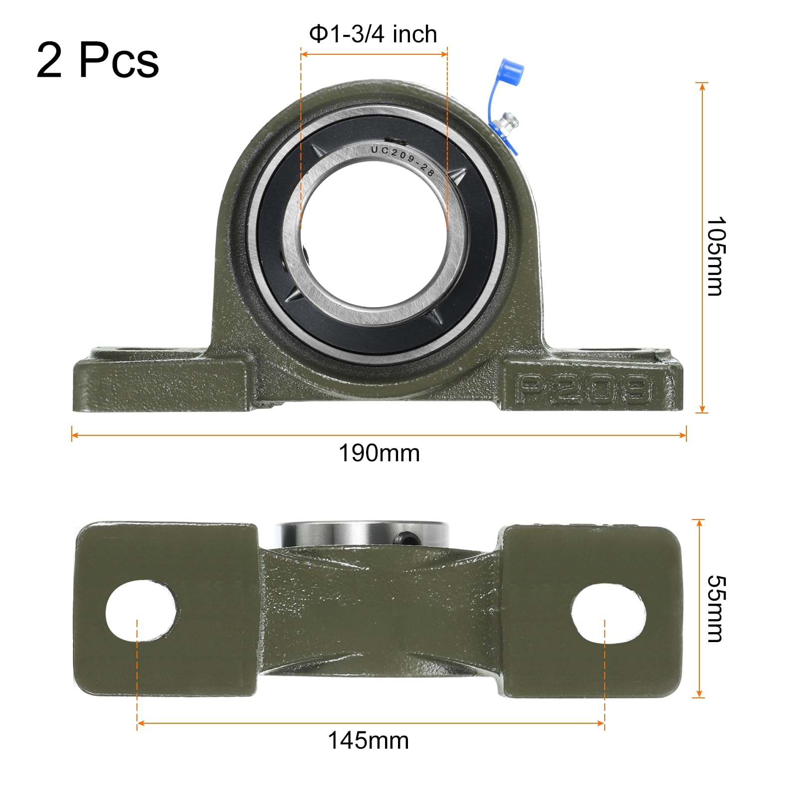 QUARKZMAN 2 Pcs de Cojinetes de Bloque de Almohada UCP209-28 con Orificio de 1-3/4" de Diámetro, Autoalineación, Base de Hierro Fundido Sólido Montada con Cojinetes de Acero Cromado