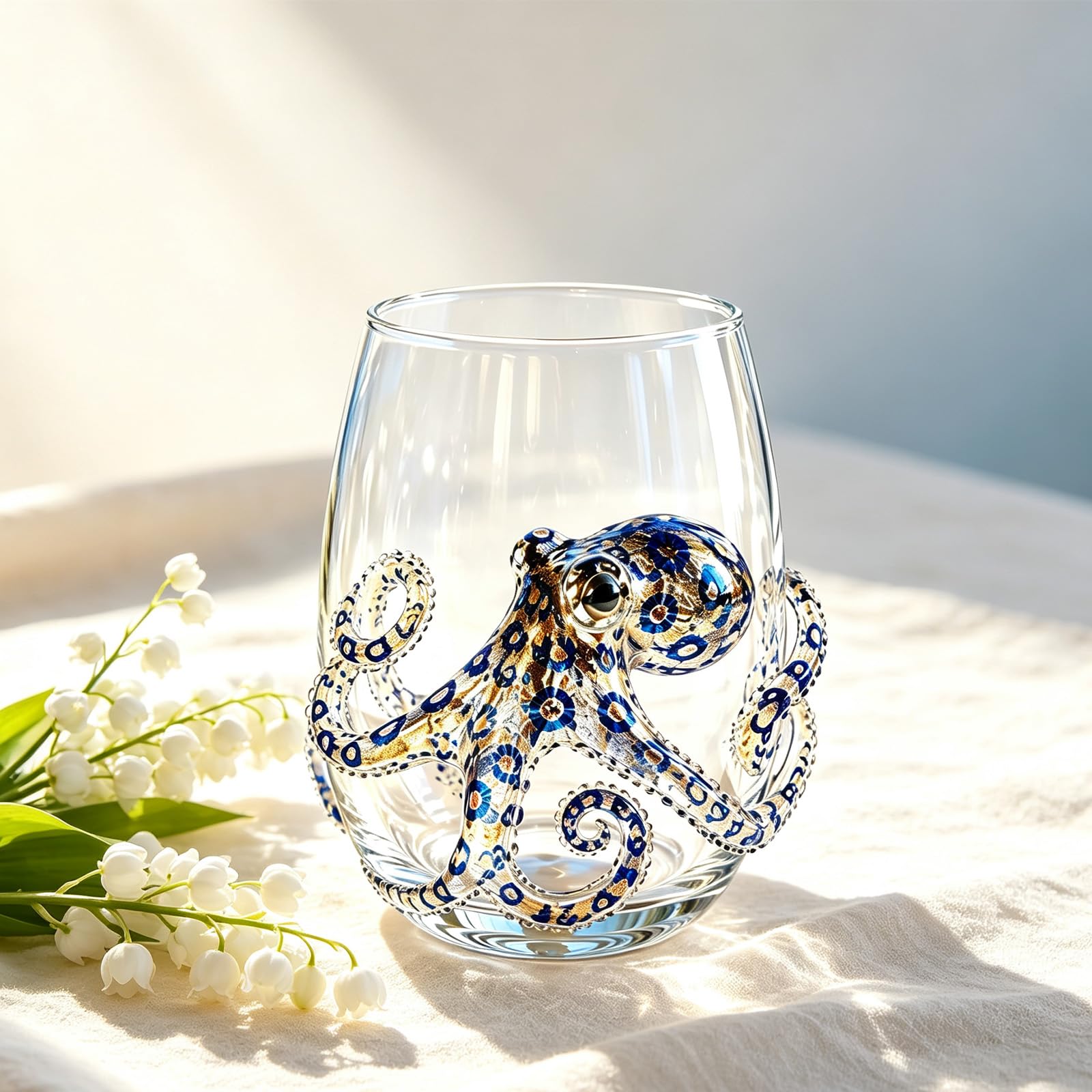 Lkdejrt 12 Oz Artisanal Blue Ringed Octopus Stemless Wine Glass,Ocean Themed Drinking Tumbler with 3D Figurine Inside,Unique Drinking Cup Decor for Home Bar & Cocktail Party
