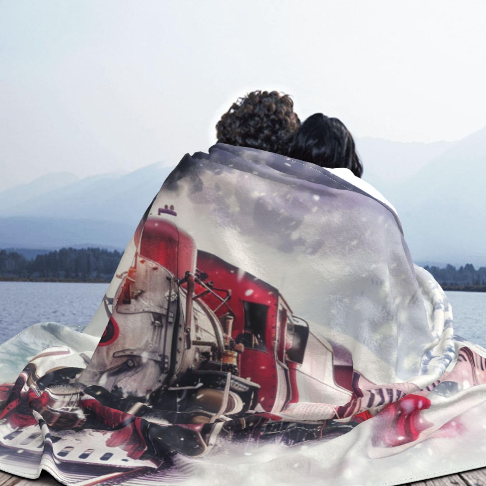 Mexpekil Coperta invernale con treno a vapore, motivo natalizio con fiocco di neve, morbida e calda, in flanella, decorativa, per letto, divano, viaggio, 125 x 150 cm