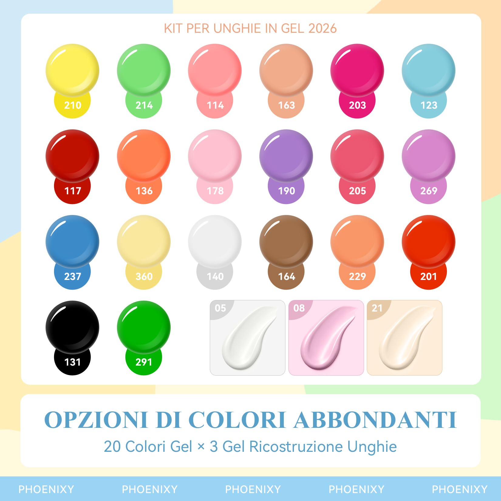 PHOENIXY 43PCS Kit Unghie Gel Completo Con Lampada UV, 20 Colori Smalto Semipermanente Unghie & 3 Gel Ricostruzione Unghie Con Soluzione Scivolosa, Kit Ricostruzione Unghie Completo Regali Per Donne