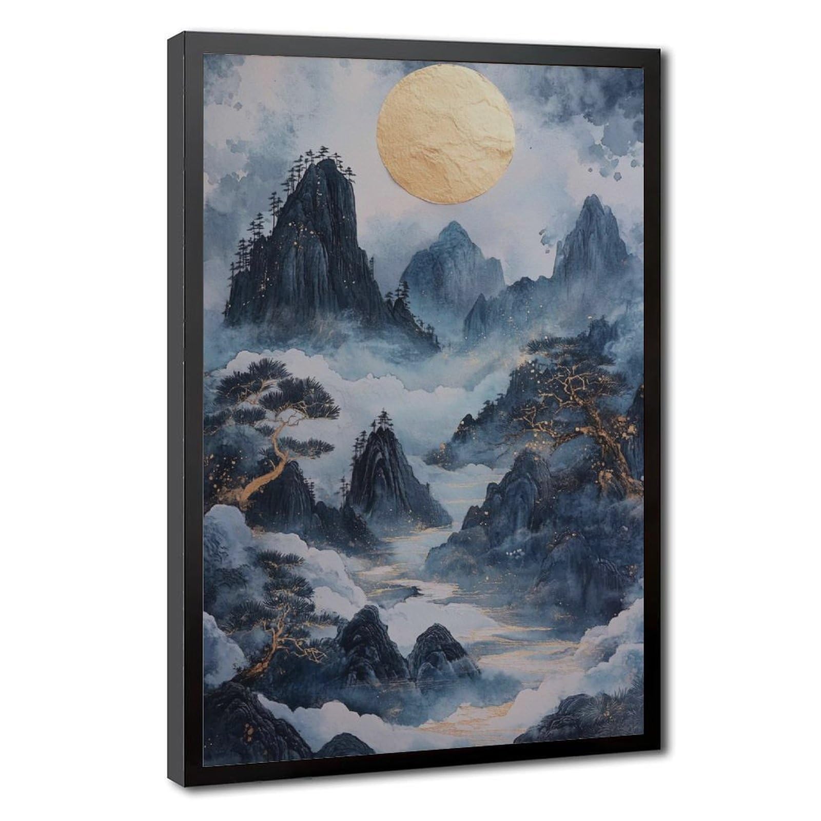 Bareronor Golden Moon Mountain Japanese Canvas Poster Bedroom Decor Landscape Office Room Decor Gift 24" L X 36" W