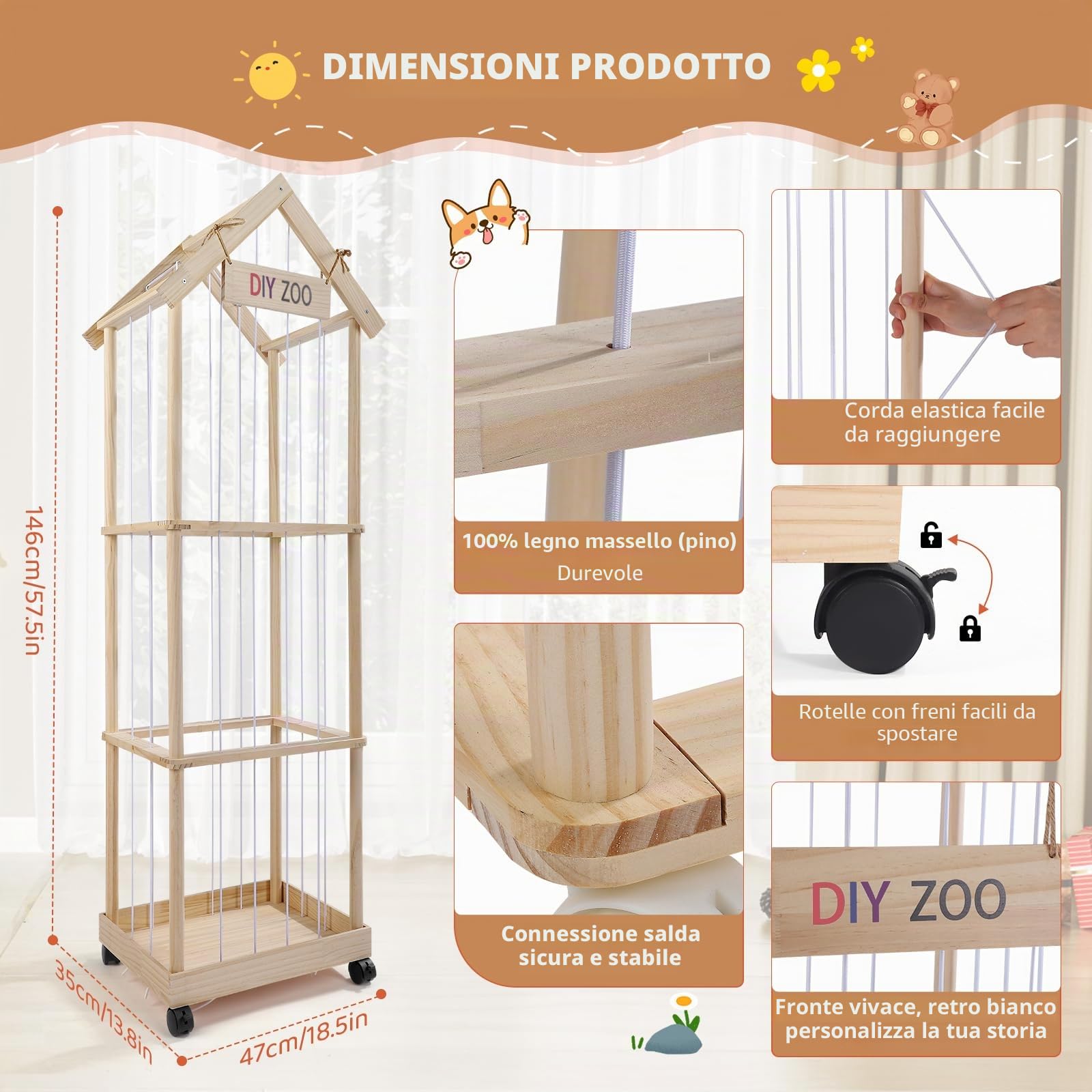 Sunowl Porta Peluche in Legno Massello, Portapeluche con Ruote Frenate a 360°,146 * 47 * 35cm, Conserva e Protegge i Peluche, per le Camere dei Bambini, le Sale Giochi, i Soggiorni, ecc.（Con tetto）