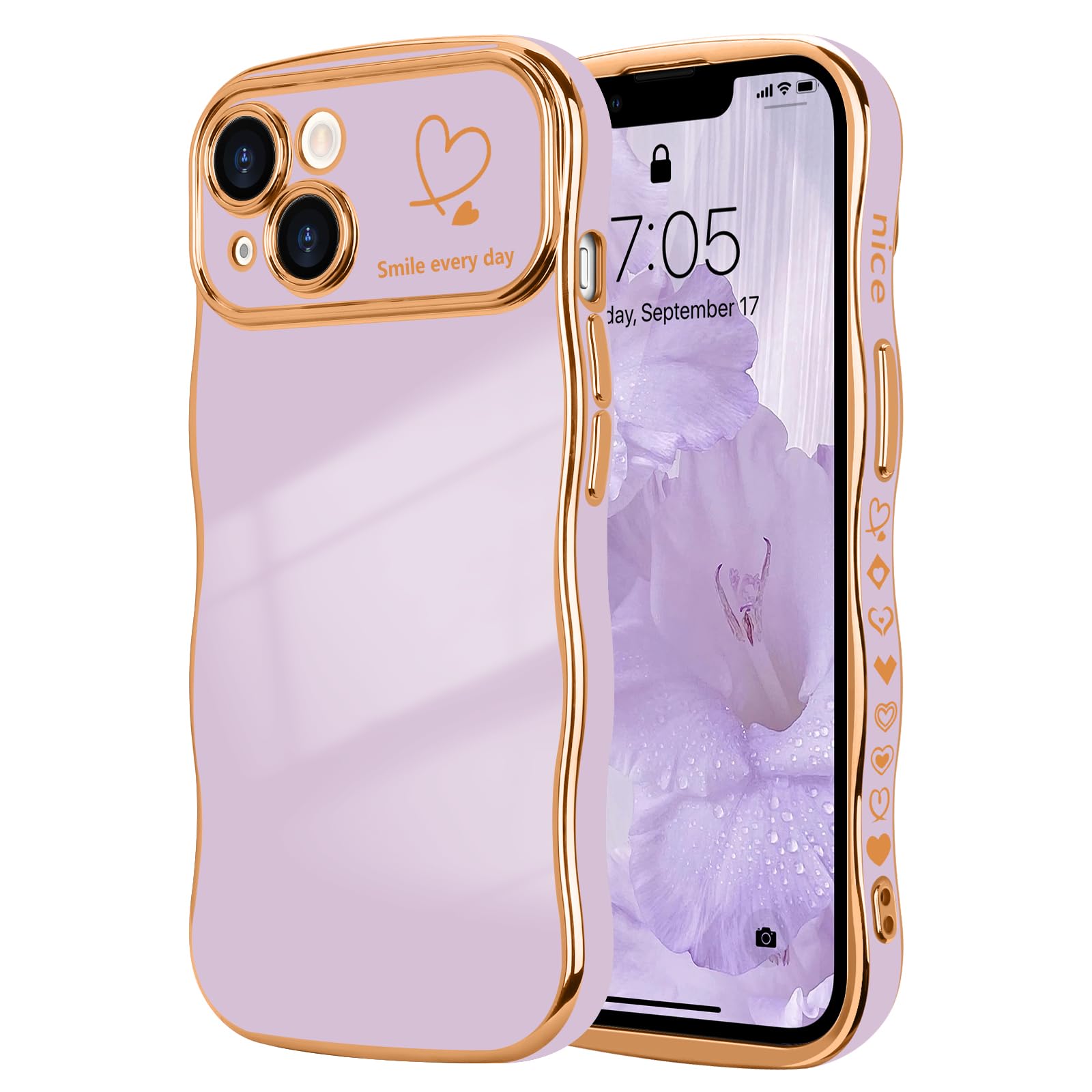 LCHULLE for iPhone 13 Case for Women Girls, Cute Wave Frame Curly Shape with Love Heart Pattern Raised Camera Protection Cover Luxury Plating
