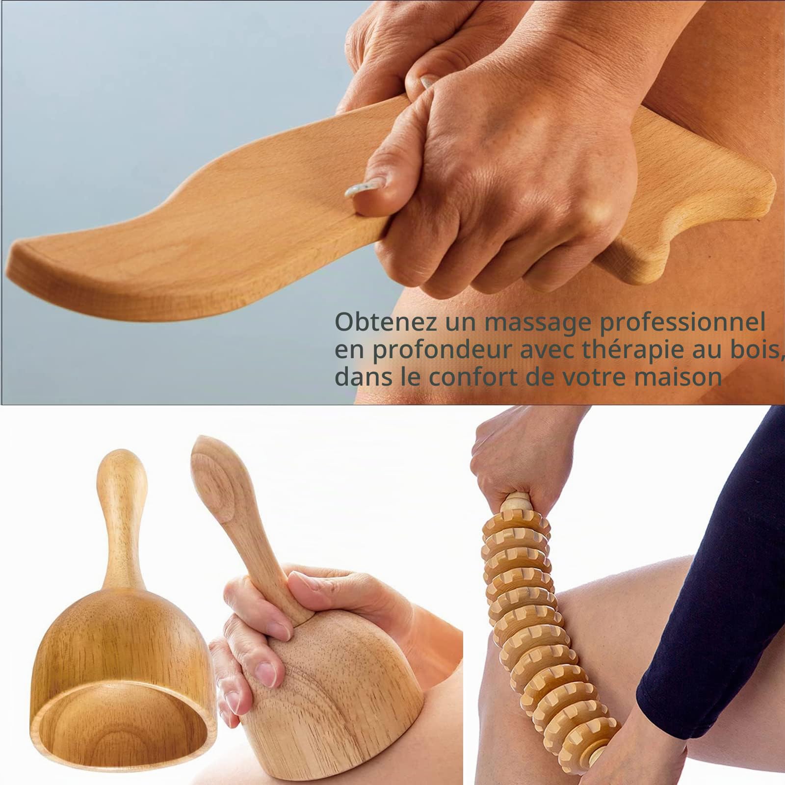 Lot de 8 outils de massage thérapeutique du bois, rouleau en bois pour soulager la cellulite et soulager les douleurs musculaires du corps entier