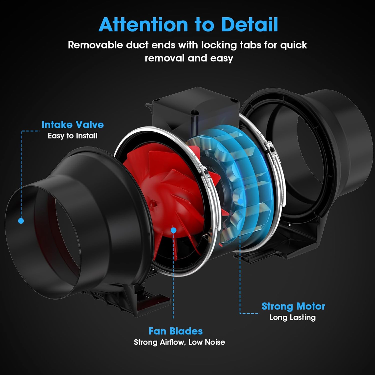 FASDUNT 6 Inch Inline Duct Fan with EC Motor - High Performance 45W, 2600rpm Speed, 430 CFM Airflow for Optimal Ventilation in Bathrooms, Kitchens & Grow Tent, 3D Printer