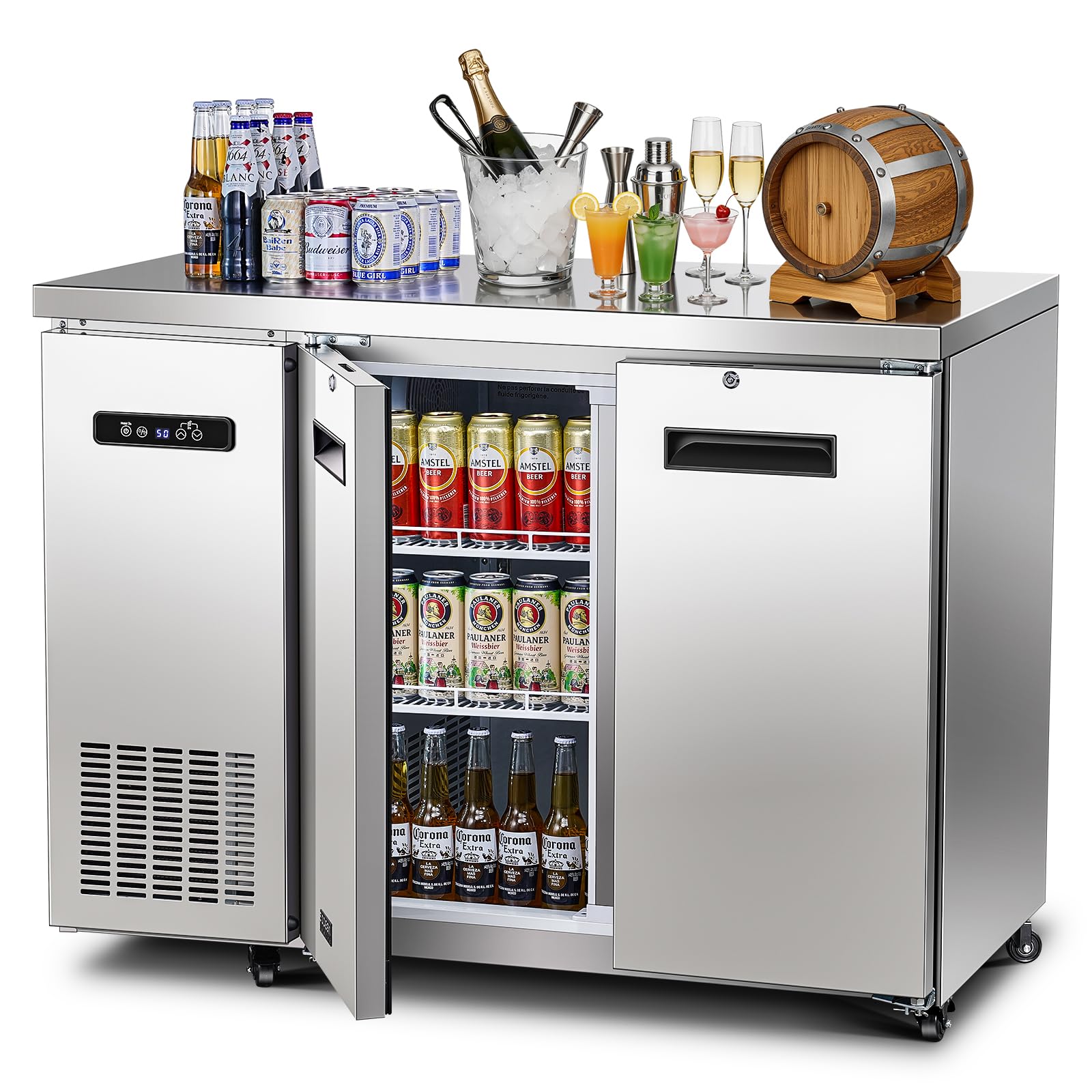 BODEGA Bodegacooler Commercial Back Bar Cooler With 2 Solid Doors,12 Cu.Ft Stainless Steel Commercial Counter Height Bar Refrigerator,Display Drink Beverage Beer Fridge LED Light,Sus304 Top,4 Casters on Fridge.com - View 1
