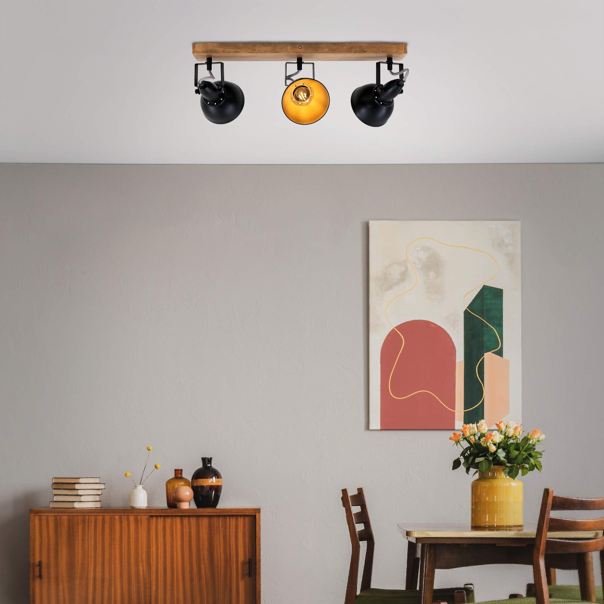 BRILONER Leuchten Faretto, Lampada da Parete retrò, Vintage, Girevole e inclinabile, 3X E14, Metallo-Legno, Nero-Oro, 500x110x157mm (LxPxH)