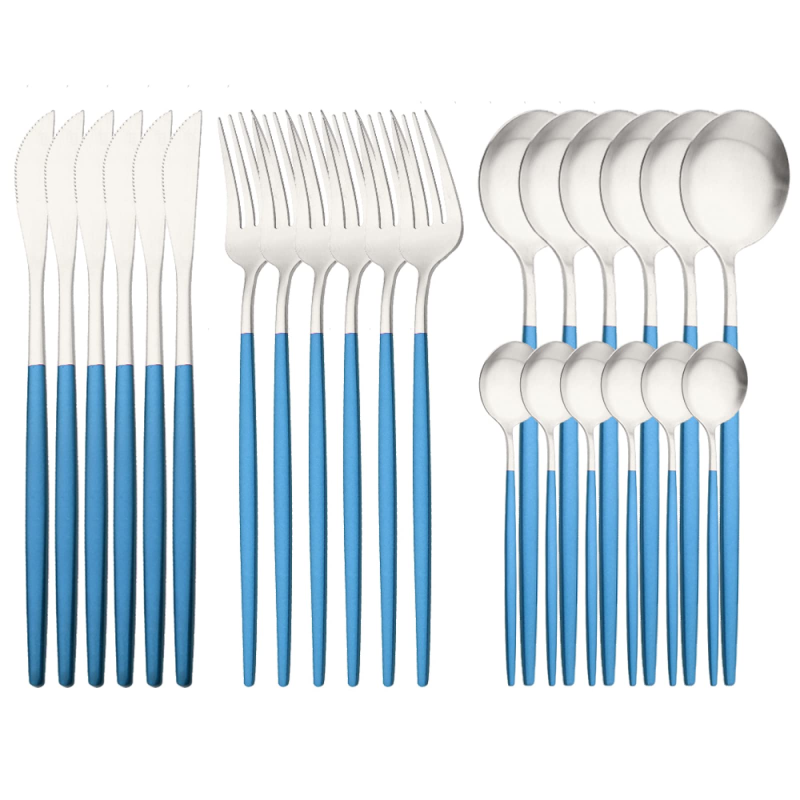 Ménagère 24 pièces bleu argent mat en acier inoxydable pour table