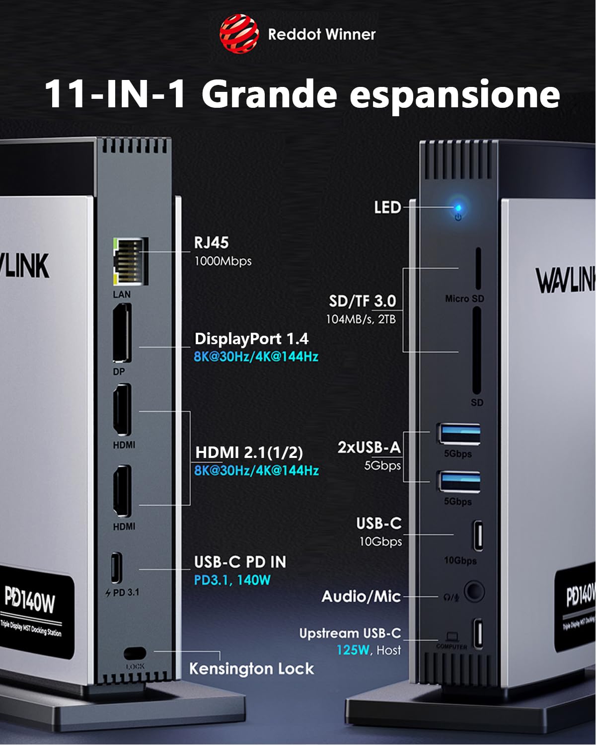 WAVLINK Docking Station Triplo display (Single 8K@30Hz/4K@144Hz) 2*HDMI, DP | USB C Dock 125W PD3.1 Pass-Through, Ethernet, SD/TF, per Windows (ARGENTO)