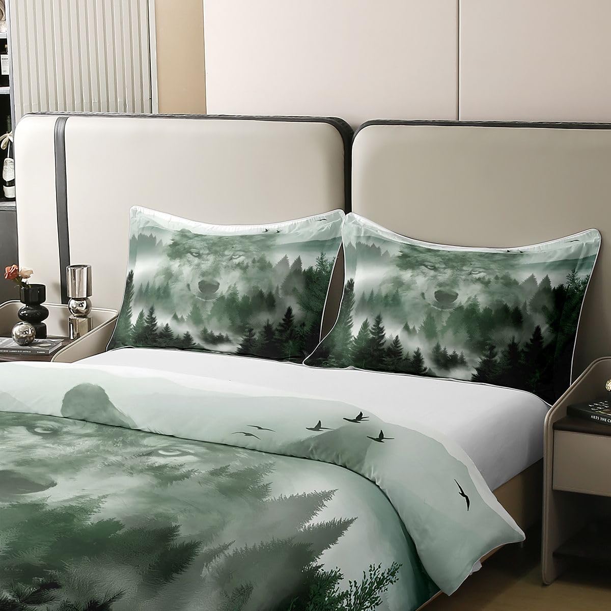Homewish Wolf Smoky Mountain King pościel, dżungla, dzikie zwierzę, bawełniana poszewka na kołdrę, naturalny krajobraz, poszewka na kołdrę, rustykalne zestawy łóżek