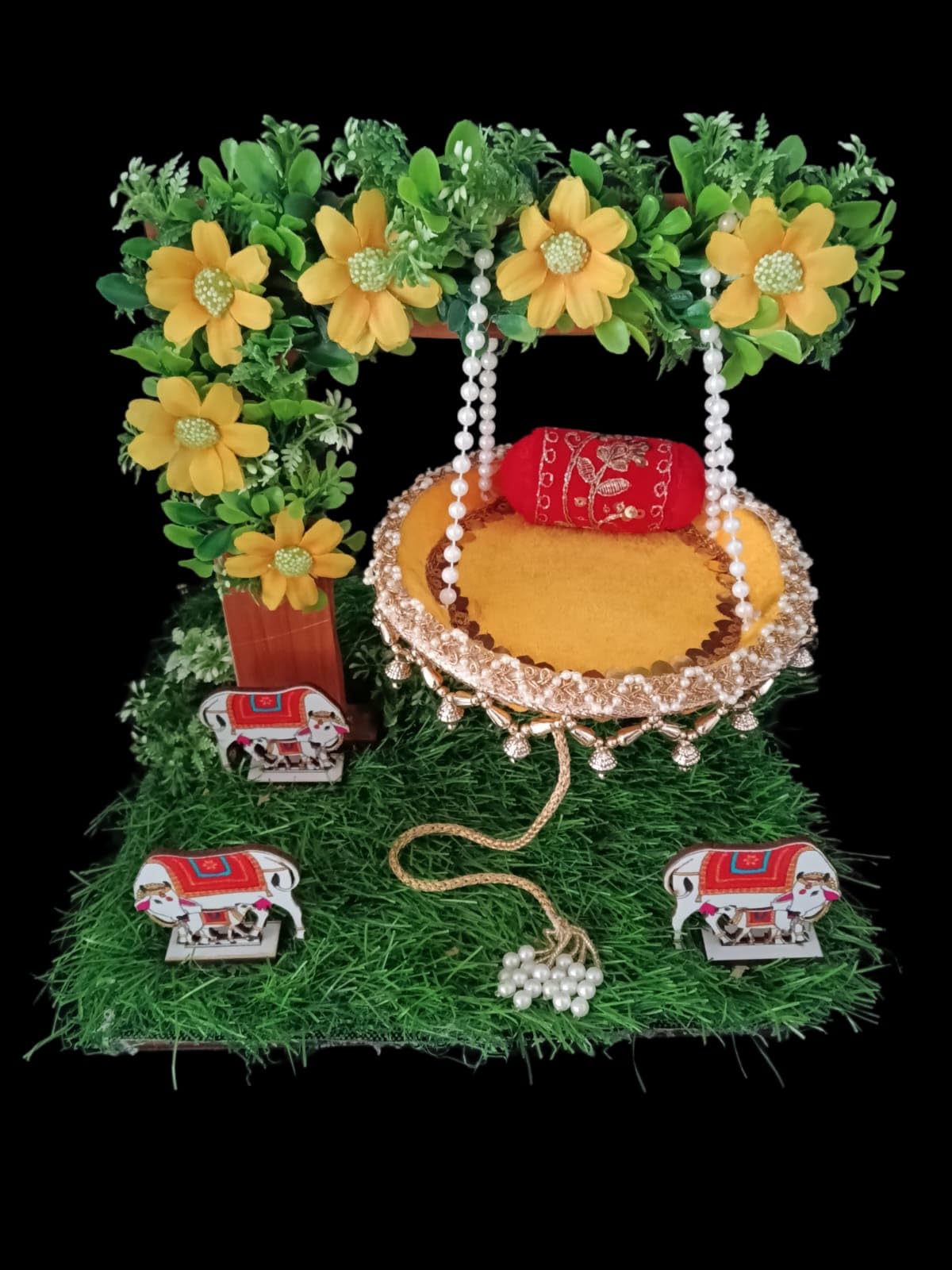 Laddu Gopal Jhula Palna for Laddu Gopal Ji, Nand Gopal Swing Palna with Peacock Design Decorative Showpiece, Ganesh Jhula Multicolor-image-25