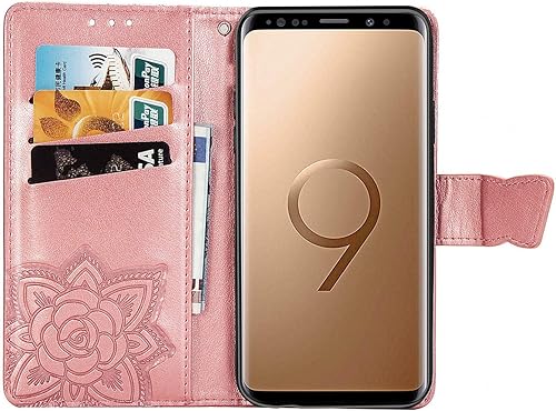 Miniatura 9 de MEUPZZK Funda tipo cartera para Samsung Galaxy S9, piel sintética de alta calidad con diseño de flor de mariposa en relieve, función atril, ranuras