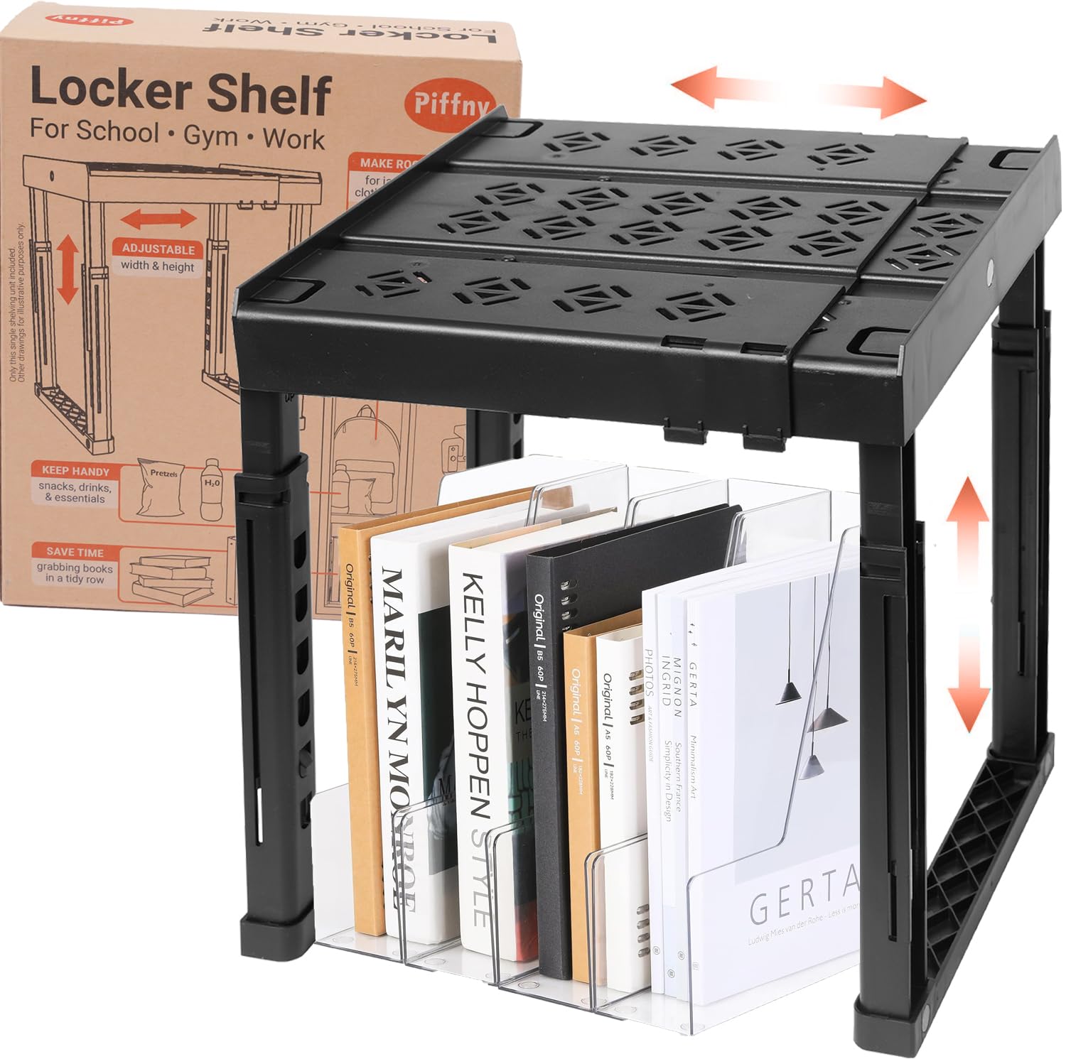Piffny Locker Organizer Shelf， Adjustable Width and Height, Stackable, Ideal Locker Shelf for School, Office, Gym Lockers, or Even Kitchen Cabinets & Under Sink Organization (Black 1 Pack) — image 1