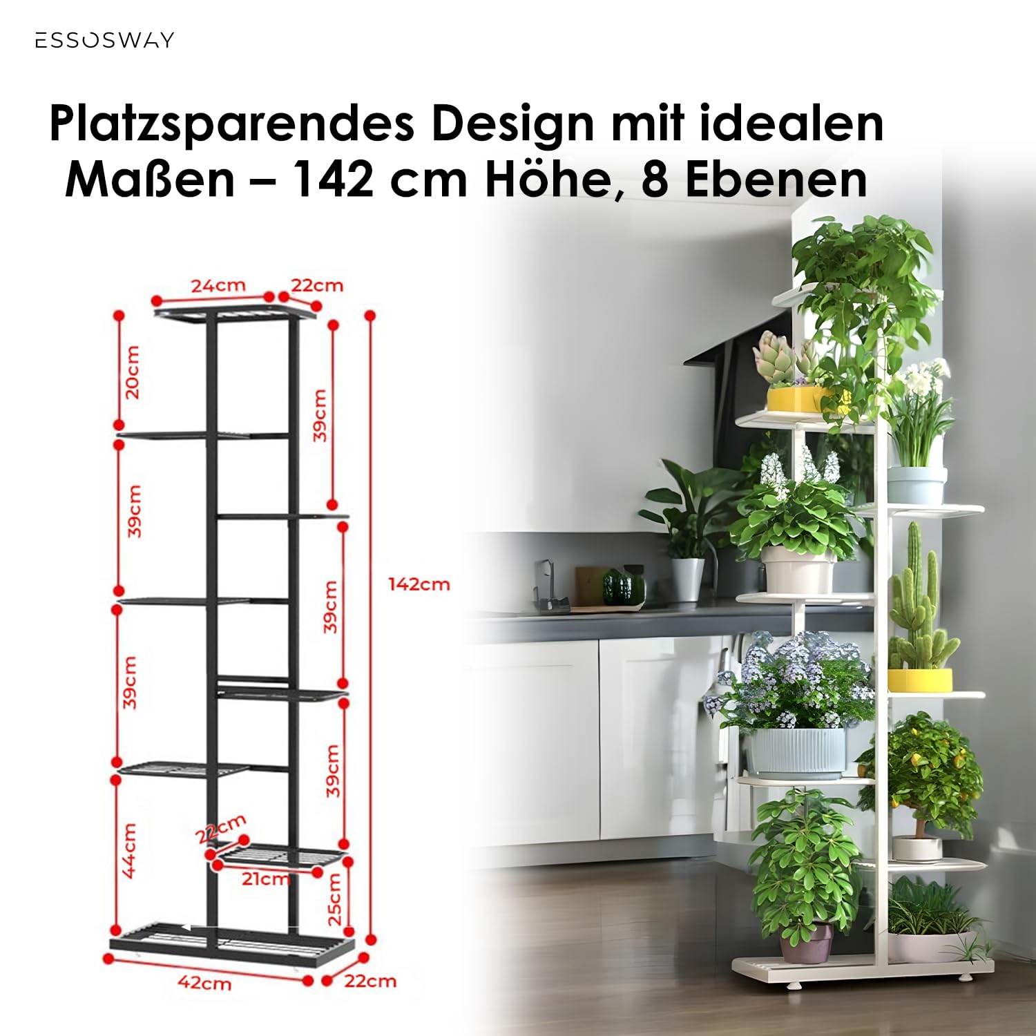 Blumenständer Pflanzenständer - Indoor - Pflanzenregal Blumentreppe Blumenregal Metall - 8 Etagen - 142 cm Weiß