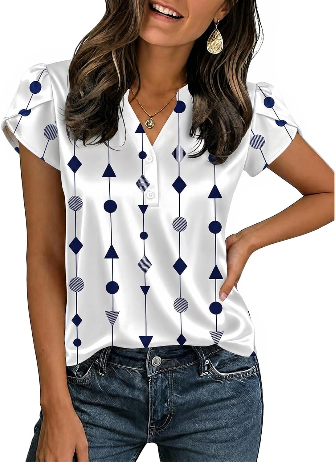 Yousify Women Satin Blouse for Women Business Tops Cap Sleeve V Neck Outfit Tshirt Silk Shirt Summer Clothes