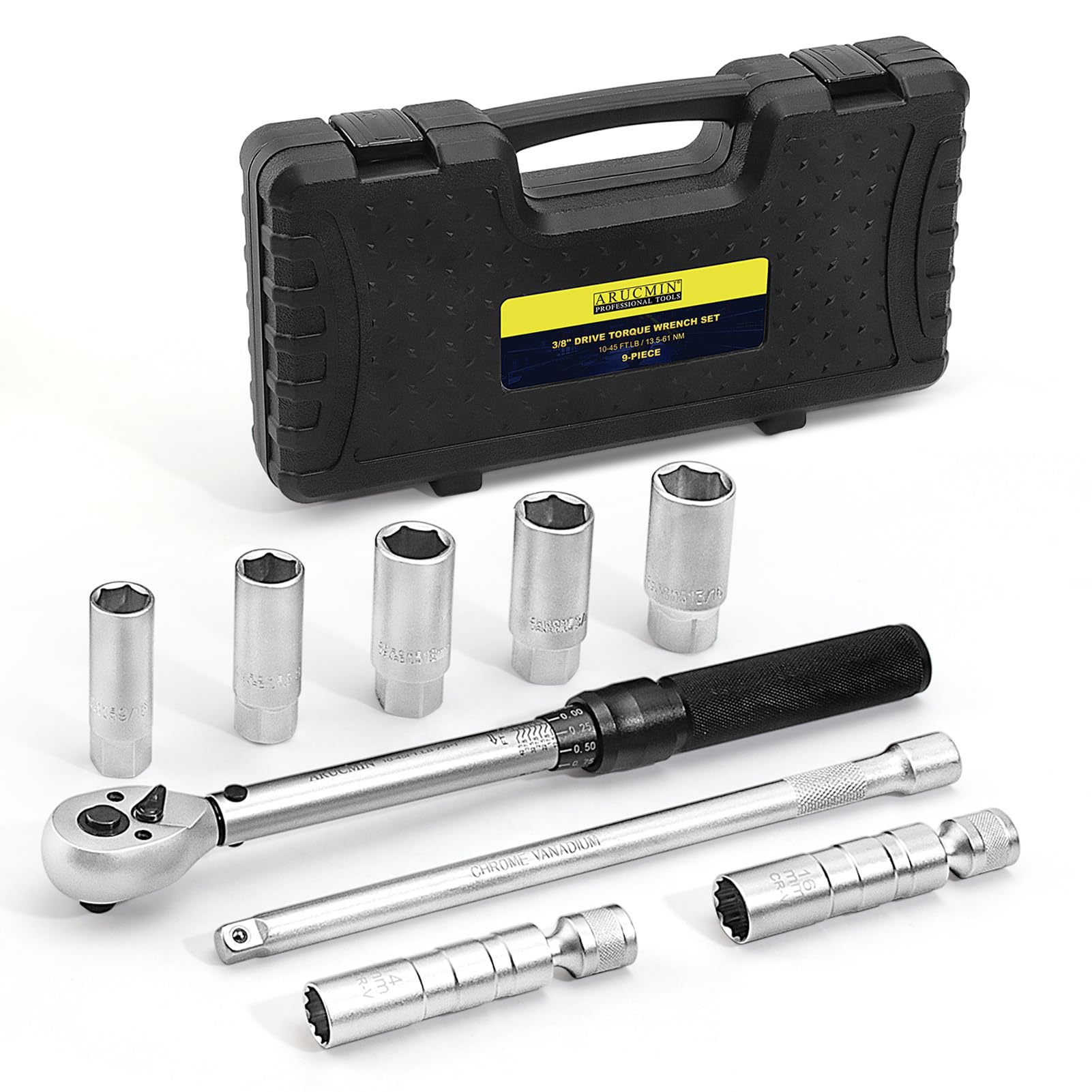 ARUCMIN 9-Piece Spark Plug Socket Set with 3/8 Inch Drive Click Torque Wrench,72 Tooth 10-45 Ft.Lbs (13.5-61Nm) Torque Wrench Set CR-V Steel Magnetic Swivel Spark Plug Set
