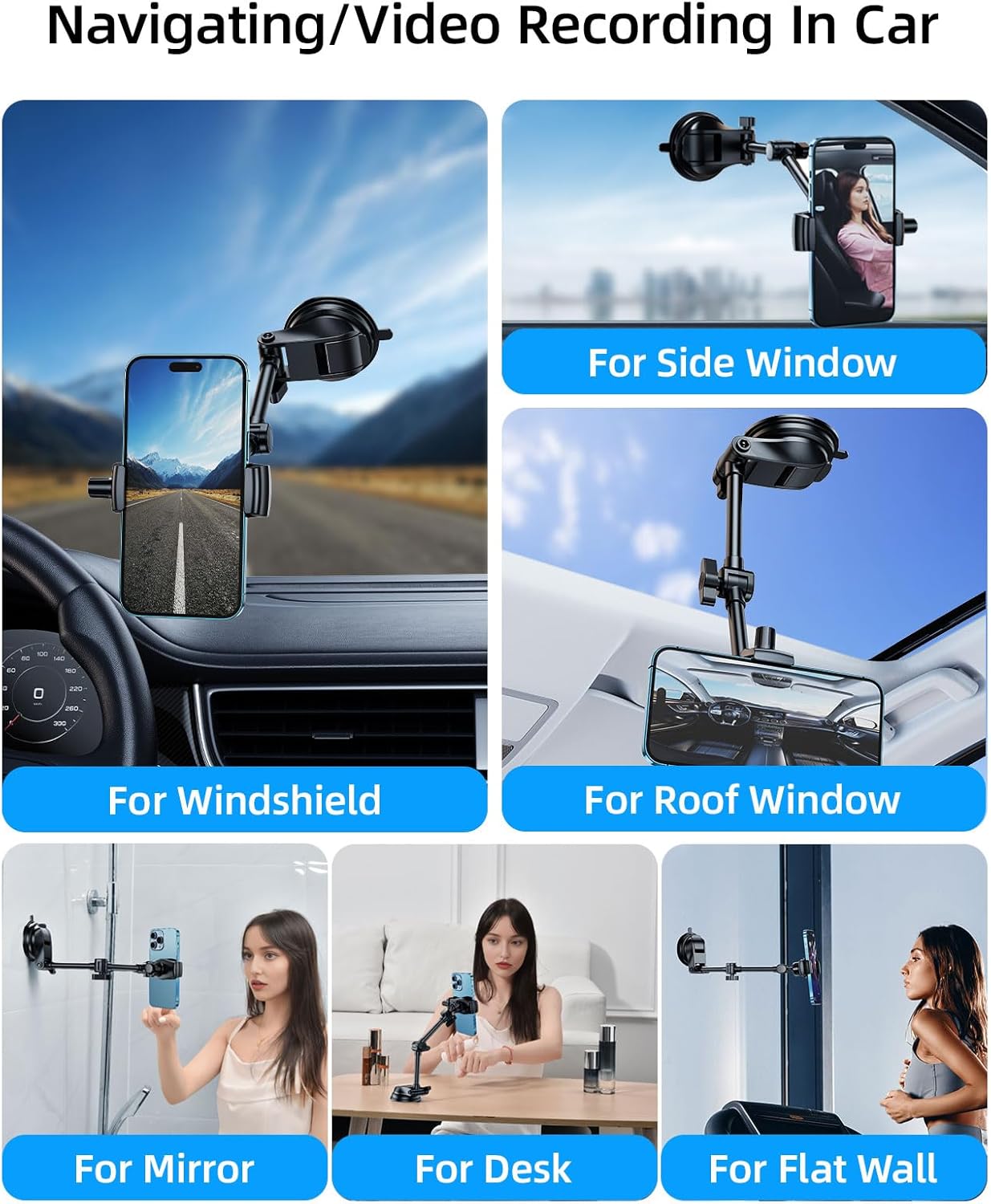 Car Phone Holder for Windshield Window Video Recording Vlogging Filming, Multi-Angle Adjustable & Rotatable & No Swiveling Car Phone Mount for 4.7"-6.9" iPhone 16 15 14 Samsung S25 Ultra - Image 6