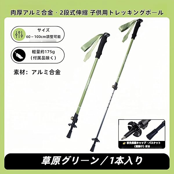 子供用 トレッキングポール 軽量 アルミ合金製 2段伸縮式 60~100cm 安全ロック搭載 キッズ 登山杖 ハイキング 遠足 キャンプ アウトドア用 - 2