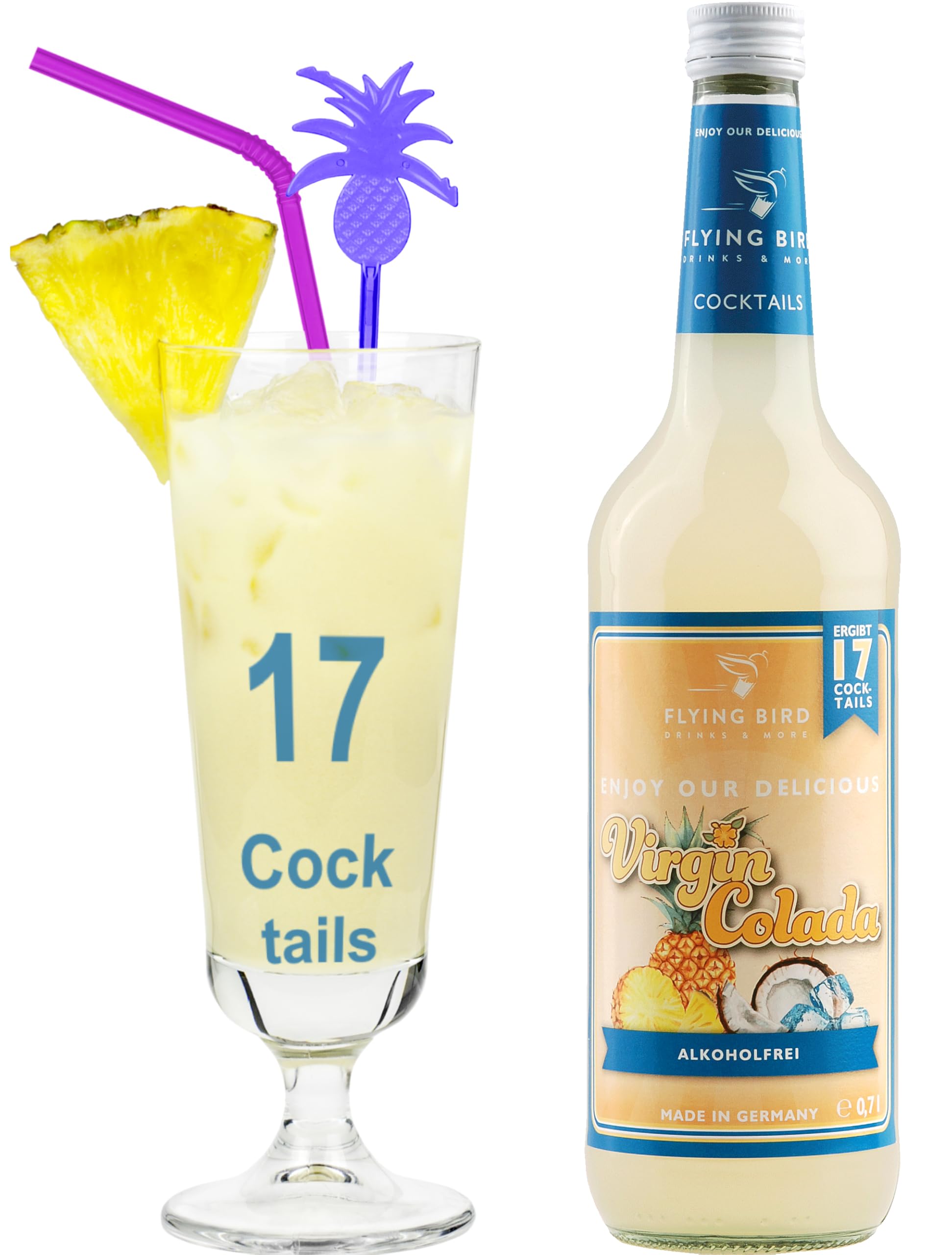 Flying Bird Virgin Colada - Pina Colada alkoholfrei 0,7l für 17 Cocktails fertig gemixt | Mit Ananassaft mischen