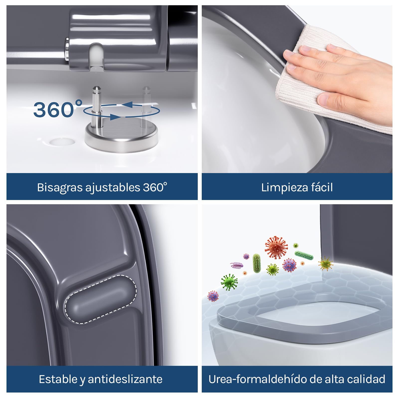 WOLTU Tapa de inodoro con descenso automático, asiento de inodoro rectangular, de termoplástico, liberación rápida para facilitar la limpieza, con bisagras ajustables, soporta hasta 175 kg, color azul