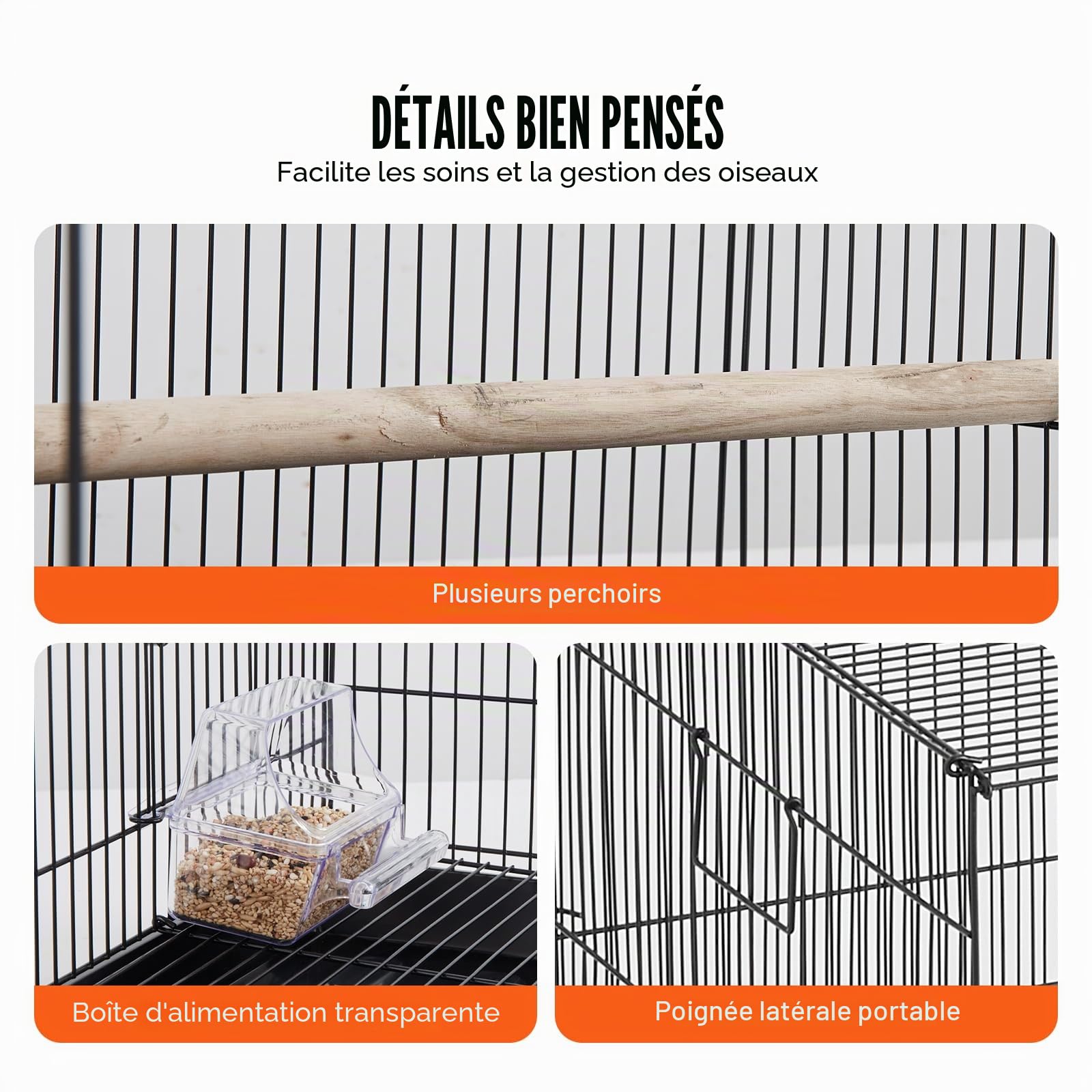 VEVOR Cage à Oiseau 76x46x45,5 cm Métal Portable Poignée Latérale Porte Sécurisée Plateau Détachable Perchoirs Mangeoires pour Perruches Calopsittes Perroquets