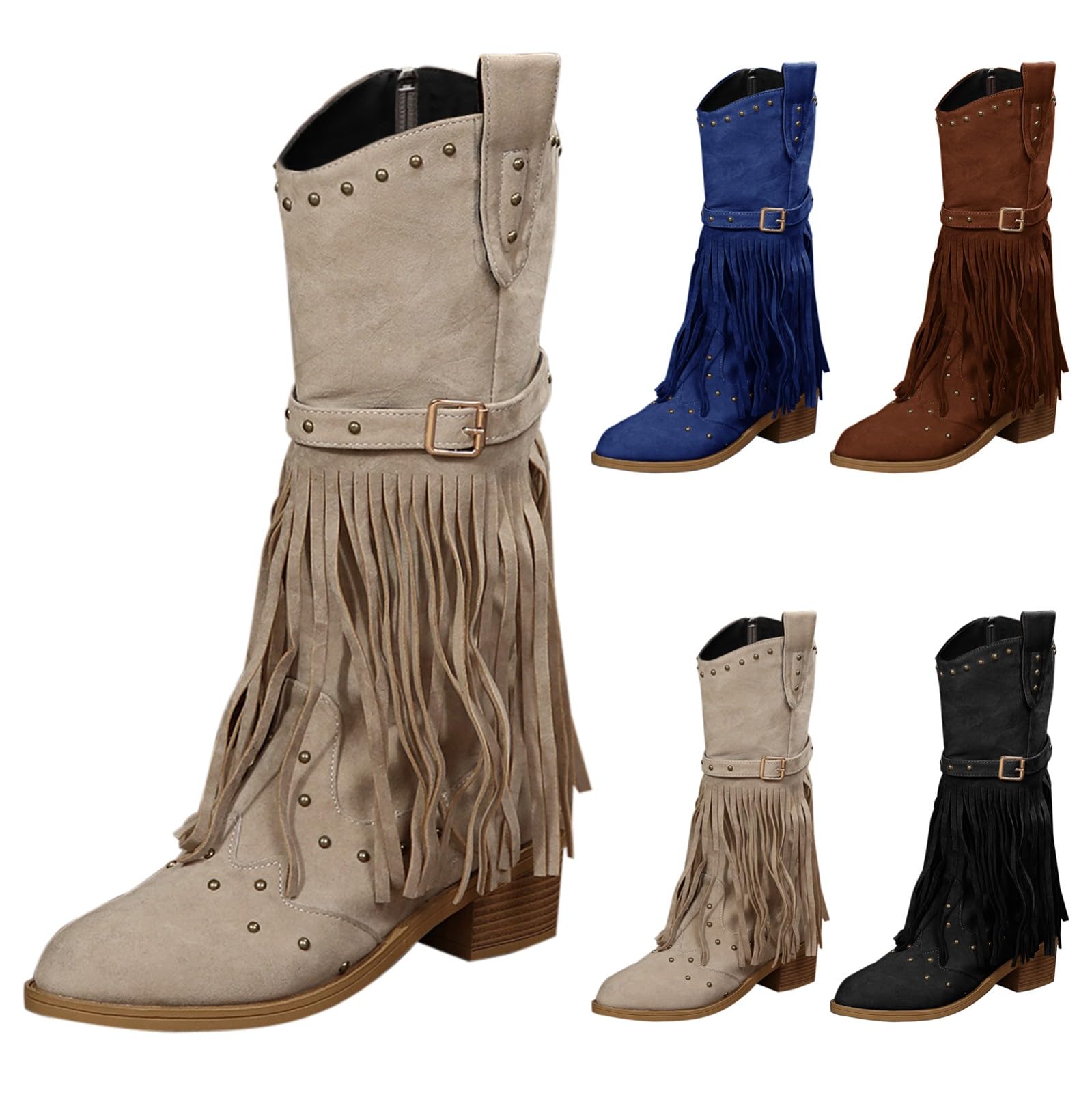 Scarpe Nere con Frange in Pelle Donna Alte Comode - Stivali Cowboy A | Western Donna Con Frange E Borchie Stivali Cinturino E Fibbia Tacco Largo Stivaletti Boho Chic Per Cerimonia