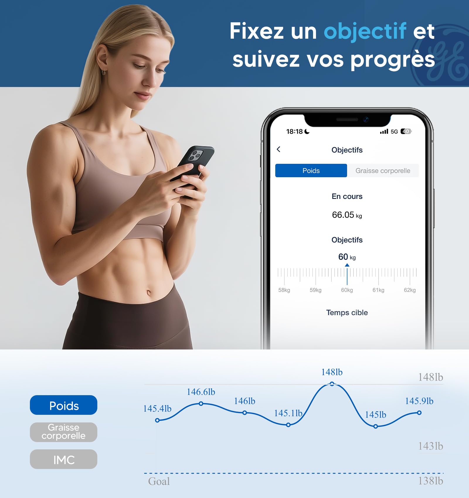 Balance Connectée Smart GE Pese Personnes avec Grand Écran 14 Données Corporelles Masse Graisseuse et Musculaire IMC Bluetooth 180 kg Noir